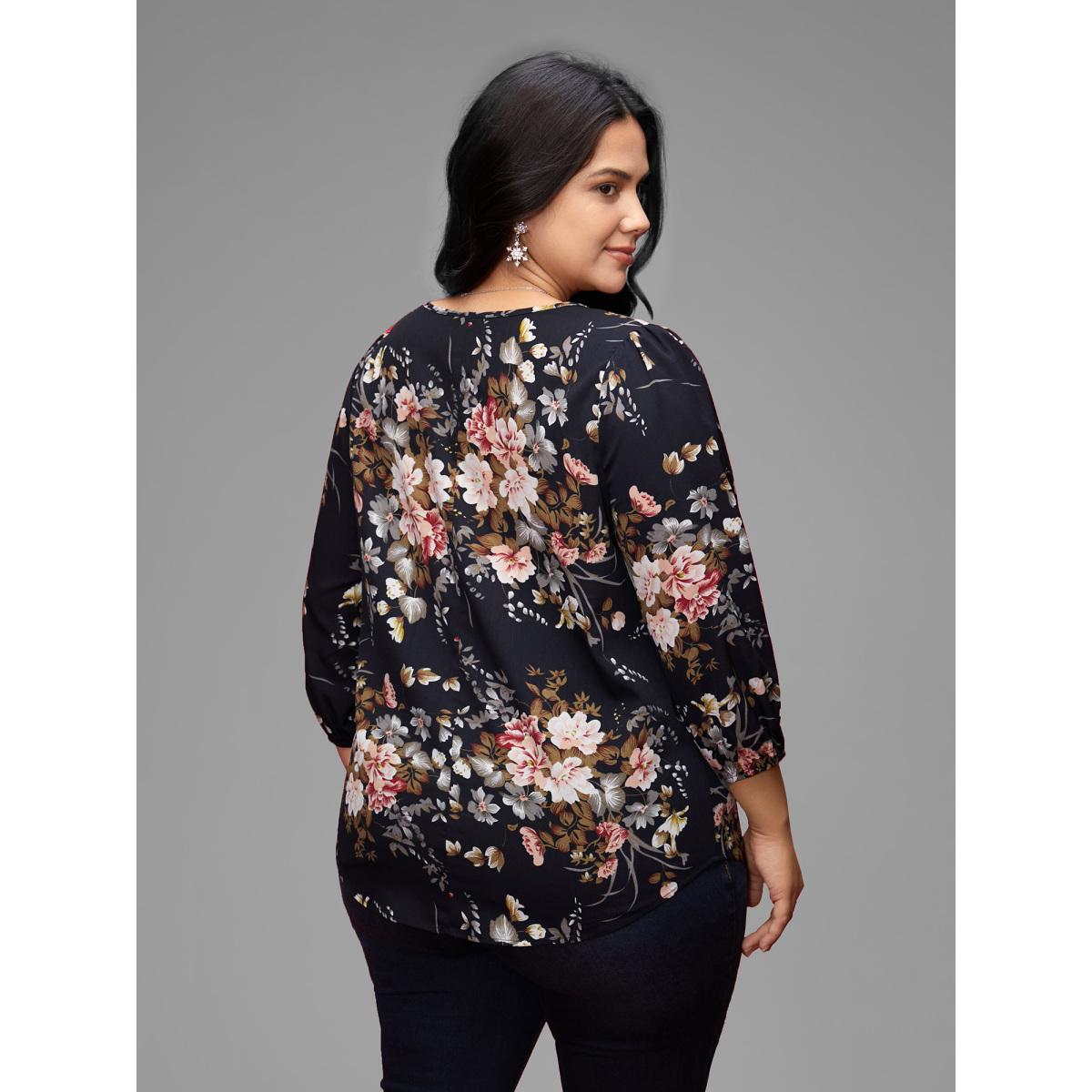 Plus Size Indigo Half Zipper Front Floral Blouse Women Elegant Elbow-length sleeve V-neck Everyday Blouses BloomChic 28/5X Product Image