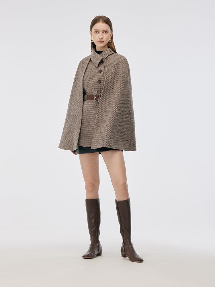 100% Washable Wool Beige Check Cape And Vest Two-Piece Set With Belt Product Image