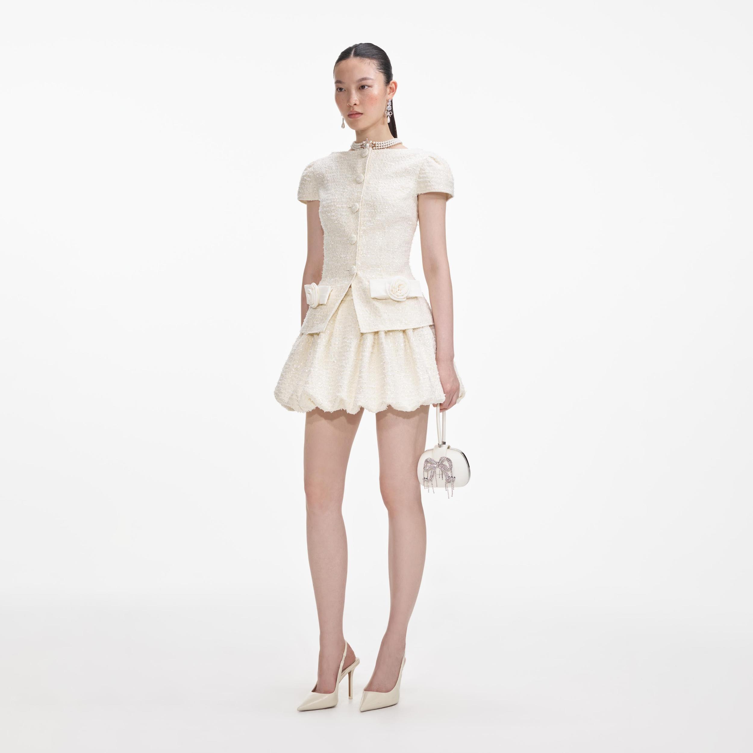 Cream Boucle Bow Detail Mini Dress Product Image