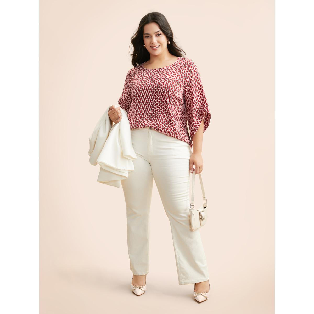 Plus Size Scarlet Geometric Round Neck Bell Sleeve Blouse Women At the Office Three Quarter Length Sleeve Round Neck Office Blouses BloomChic 28/5X Product Image
