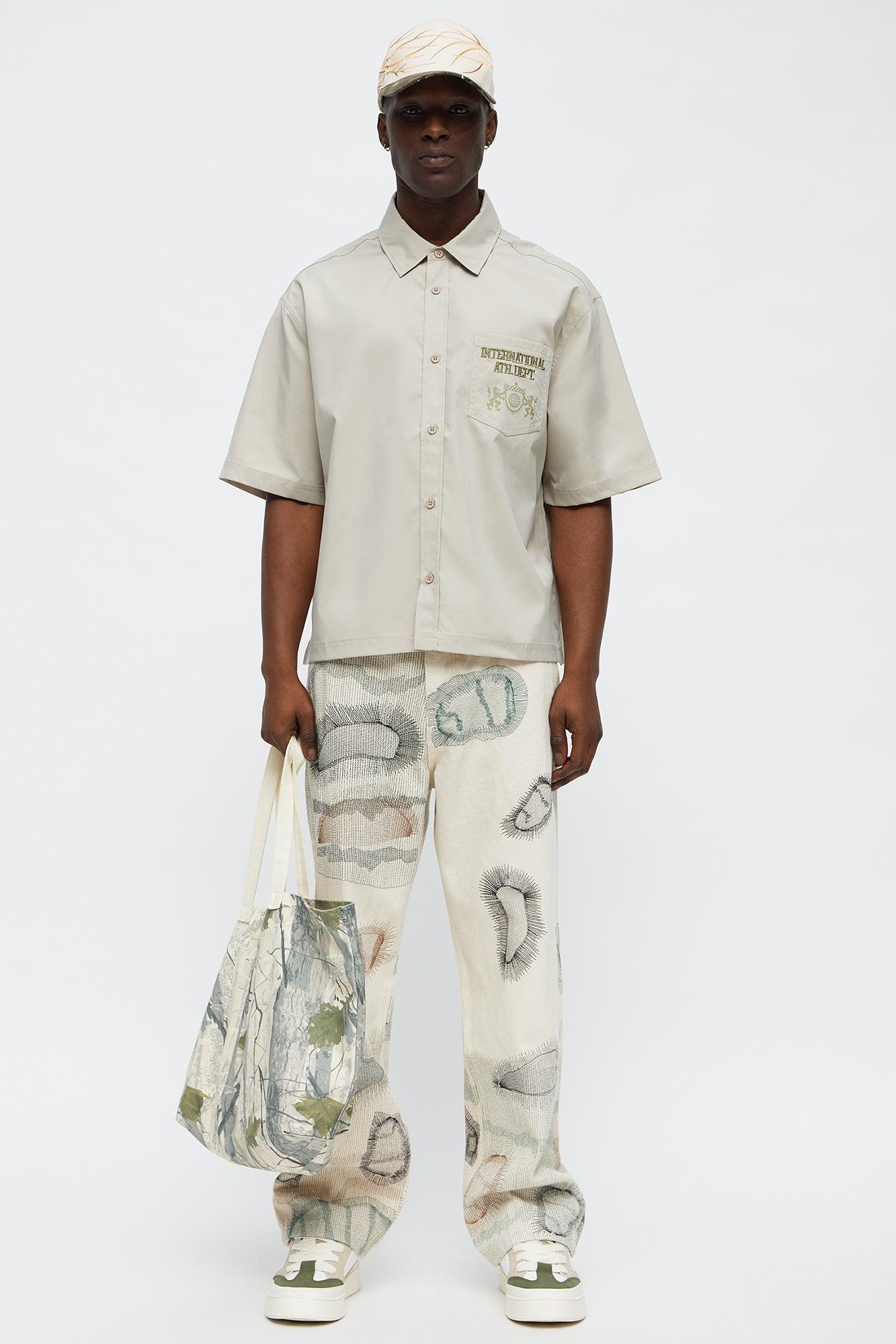 Cropped Athletic Dept. Short Sleeve Button Up Shirt - Khaki Product Image