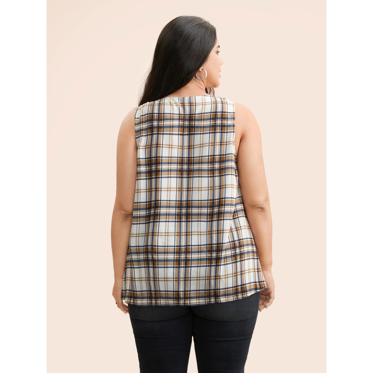 Plus Size Crew Neck Plaid Gathered Tank Top Women Multicolor Casual Gathered Ribbon-tied collar Everyday Tank Tops Camis BloomChic 18-20/2X Product Image