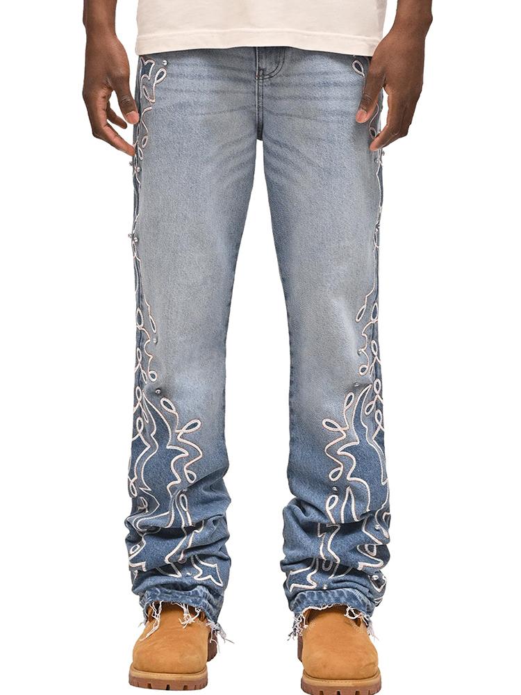 Men's Street Embroidered Stretch Denim Straight Pants Product Image