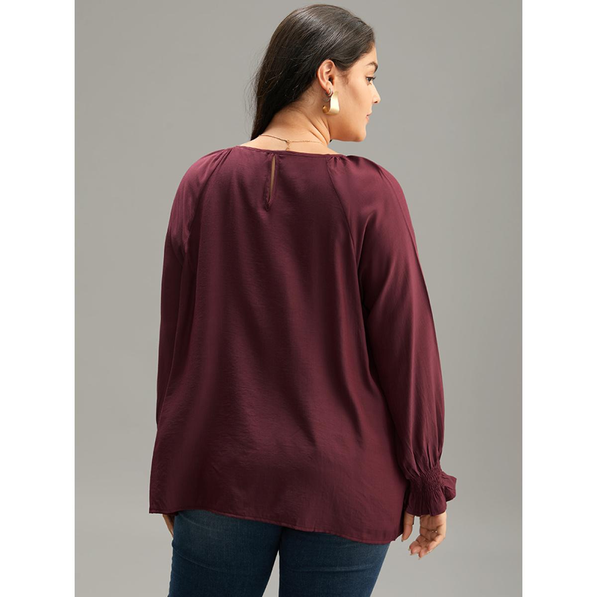 Plus Size Burgundy Supersoft Essentials Plain Plicated Detail Ruffle Trim Blouse Women Office Long Sleeve Round Neck Office Blouses BloomChic 30/6X Product Image
