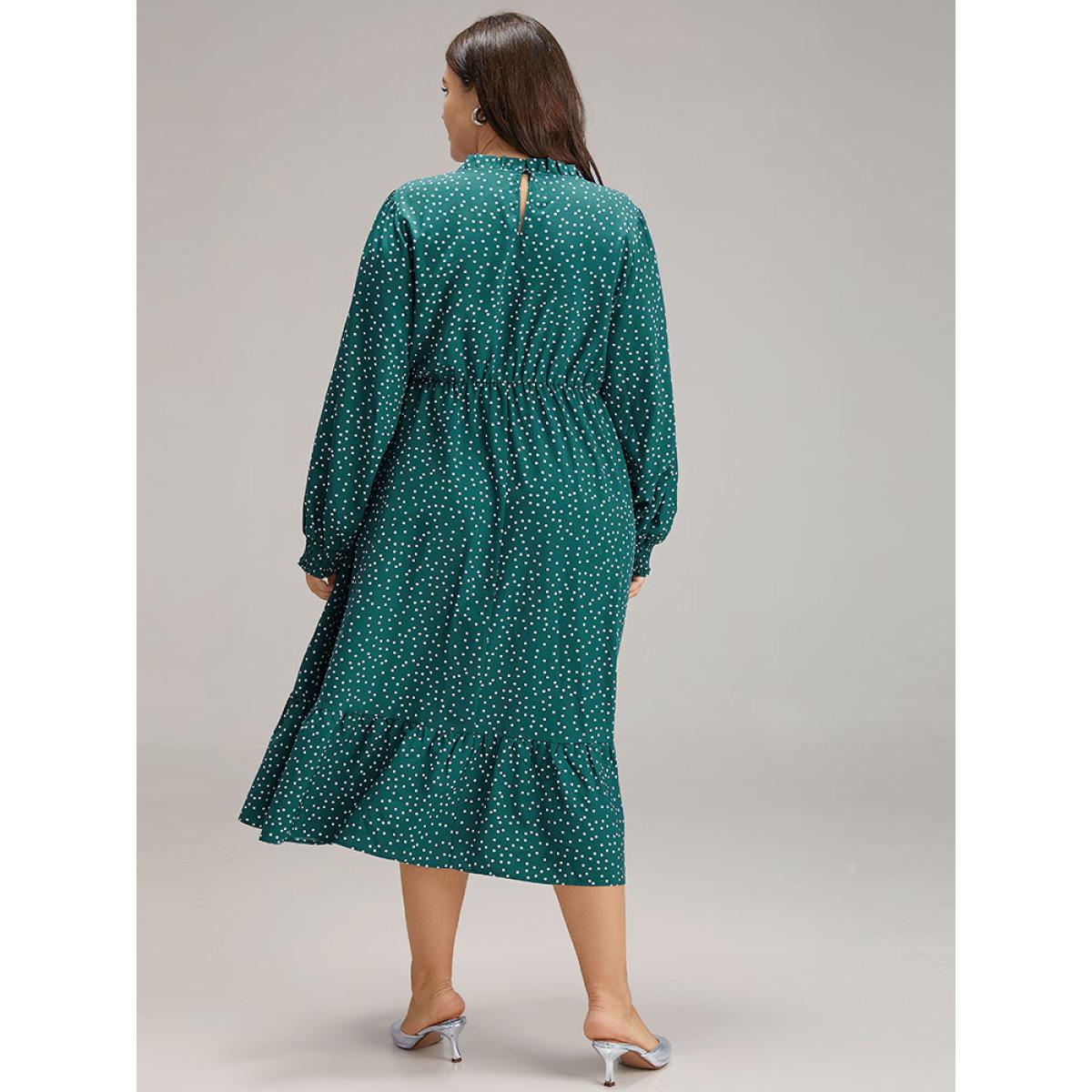 Plus Size Polka Dot Mock Neck Shirred Dress DarkGreen Women Elegant Printed Mock Neck Long Sleeve Curvy Midi Dress BloomChic 26/4X Product Image