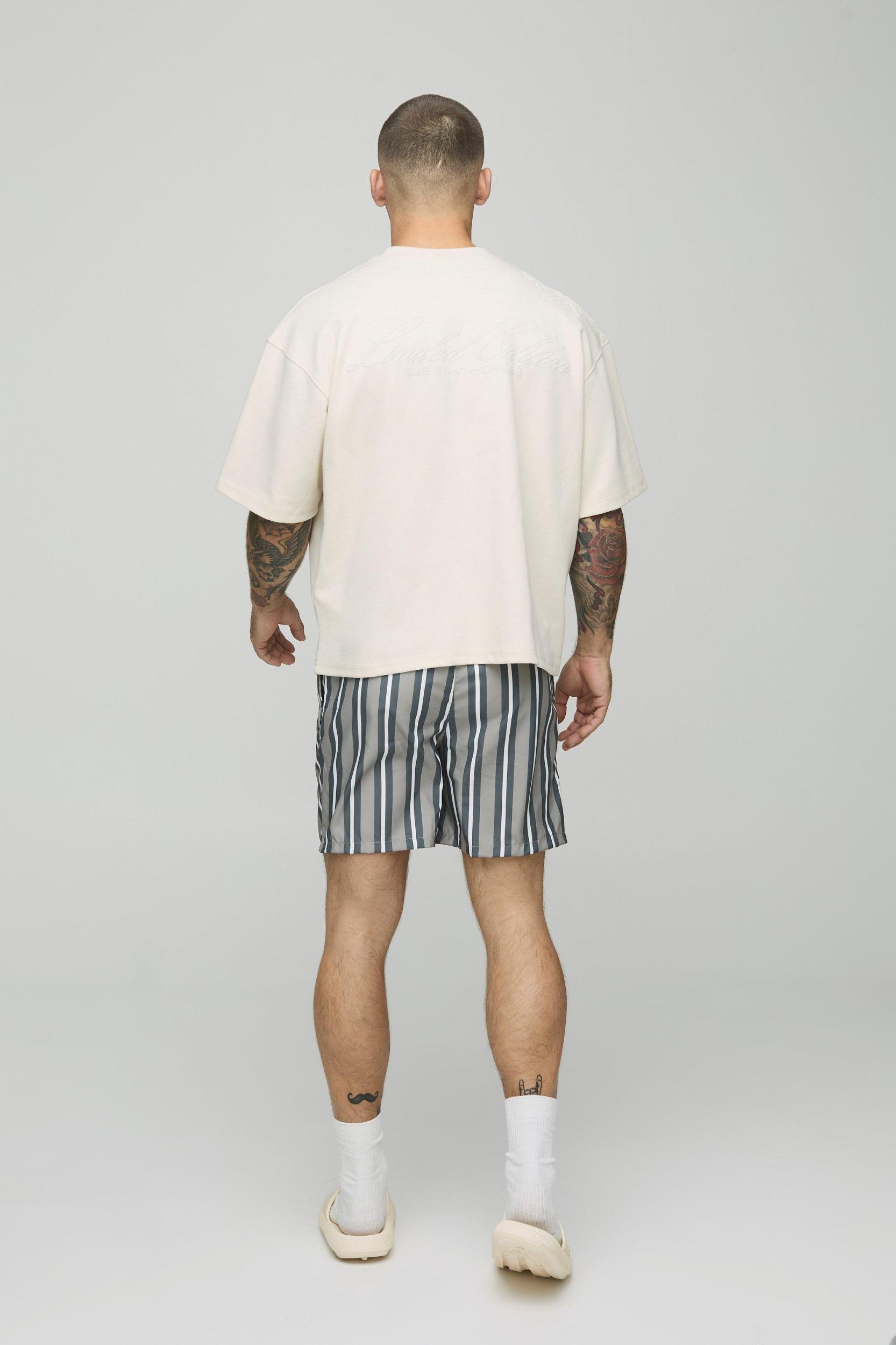 Regular Mid Length Stripe Swim Trunks | boohooMAN USA Product Image