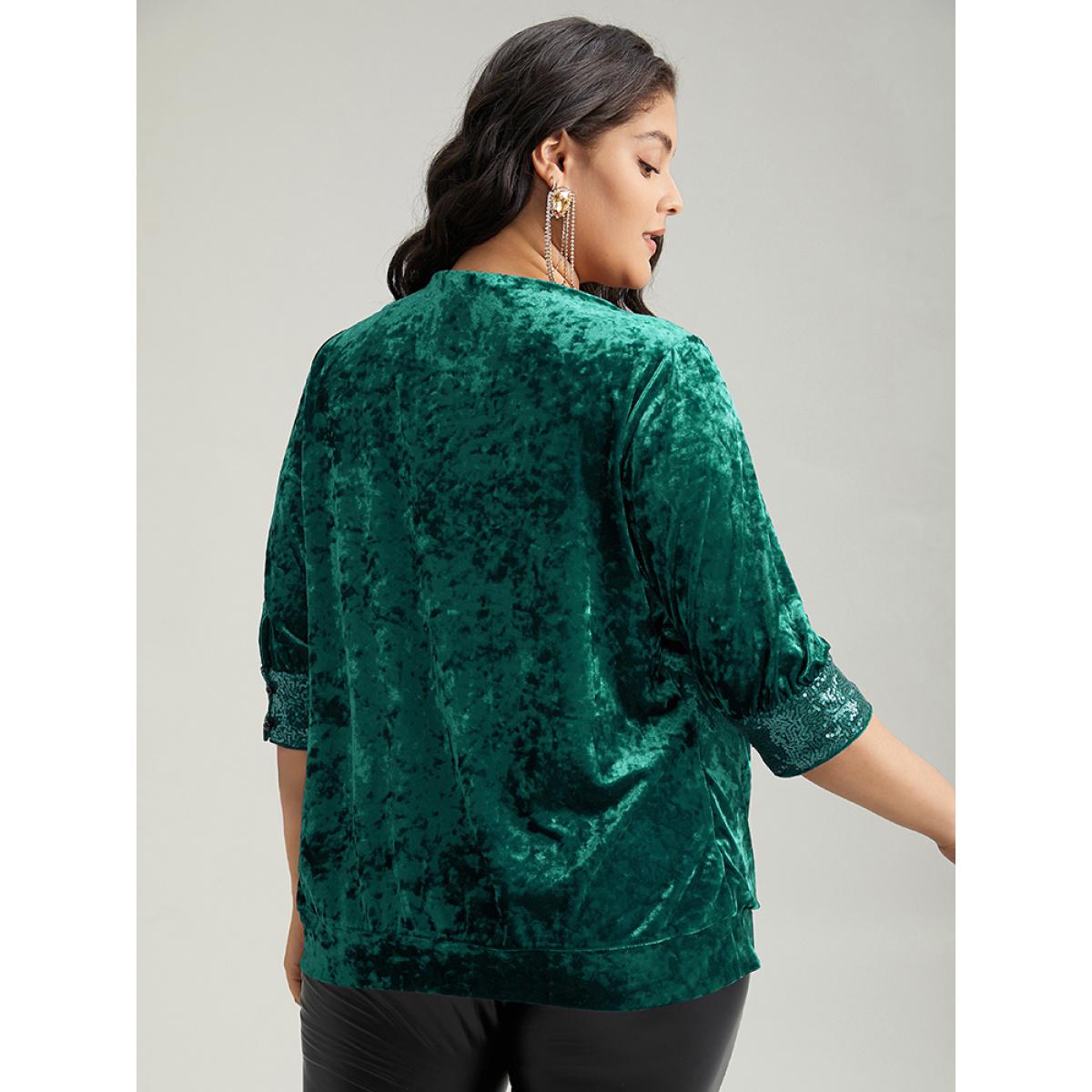 Plus Size Emerald Cowl Neck 2-In-1 Sequin Patchwork Blouse Women Party&Cocktail Elbow-length sleeve Cowl Neck Party Blouses BloomChic 18-20/2X Product Image