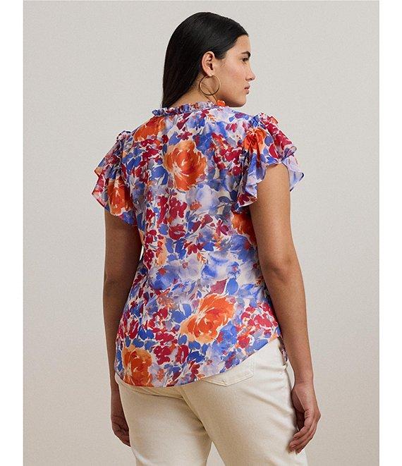 Lauren Ralph Lauren Plus Size Georgette Floral Ruffle Trim V-Neck Flutter Sleeve Blouse Product Image