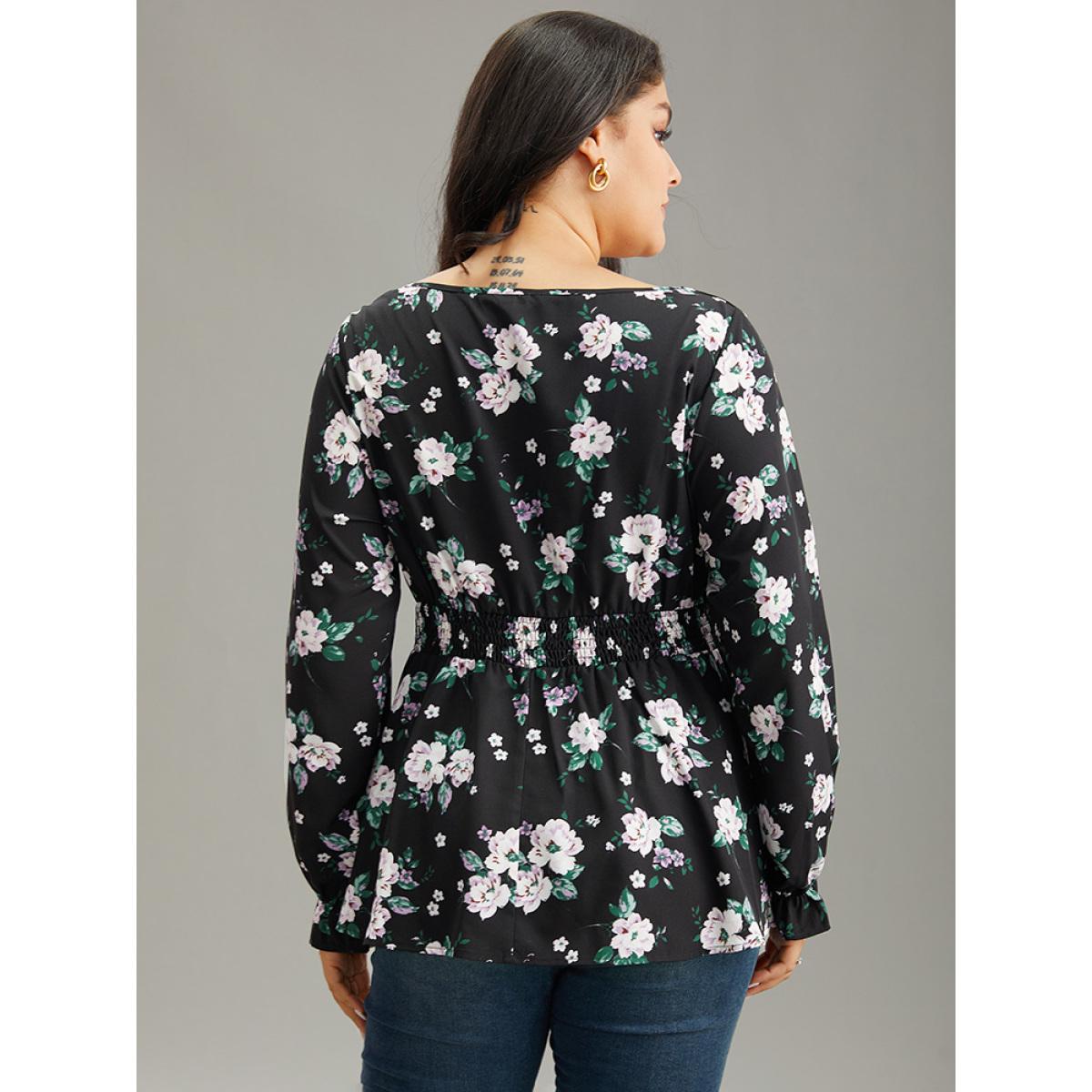 Plus Size Black Floral Square Neck Shirred Lantern Sleeve Blouse Women Elegant Long Sleeve Square Neck Dailywear Blouses BloomChic 18-20/2X Product Image