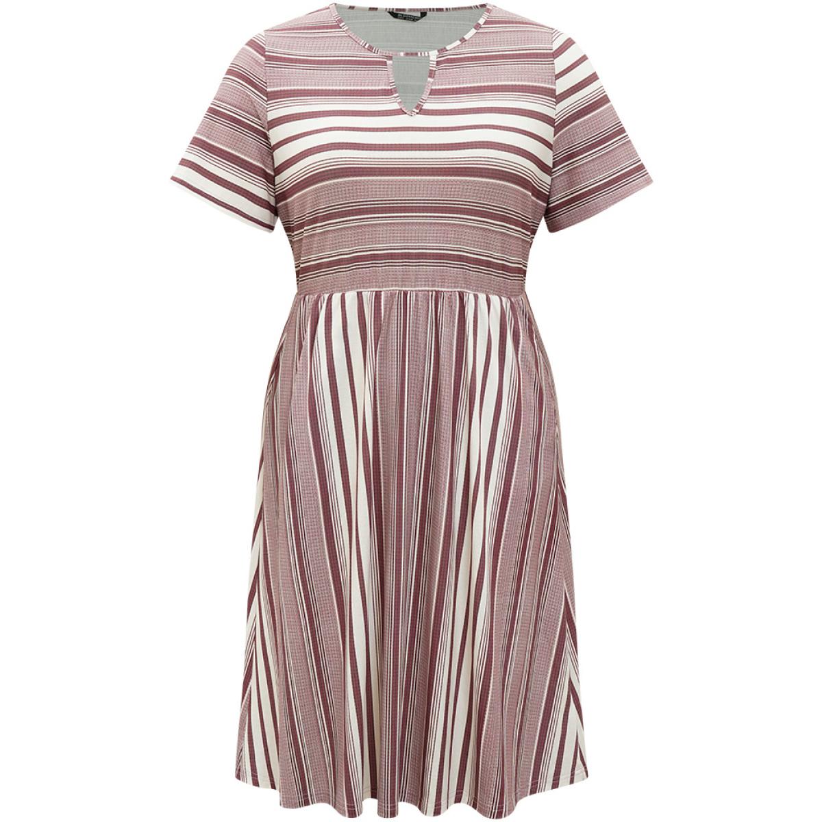 Plus Size Striped Pocket Elastic Waist Keyhole Dress Burgundy Women Casual Cut-Out Round Neck Short sleeve Curvy Midi Dress BloomChic 12/L Product Image