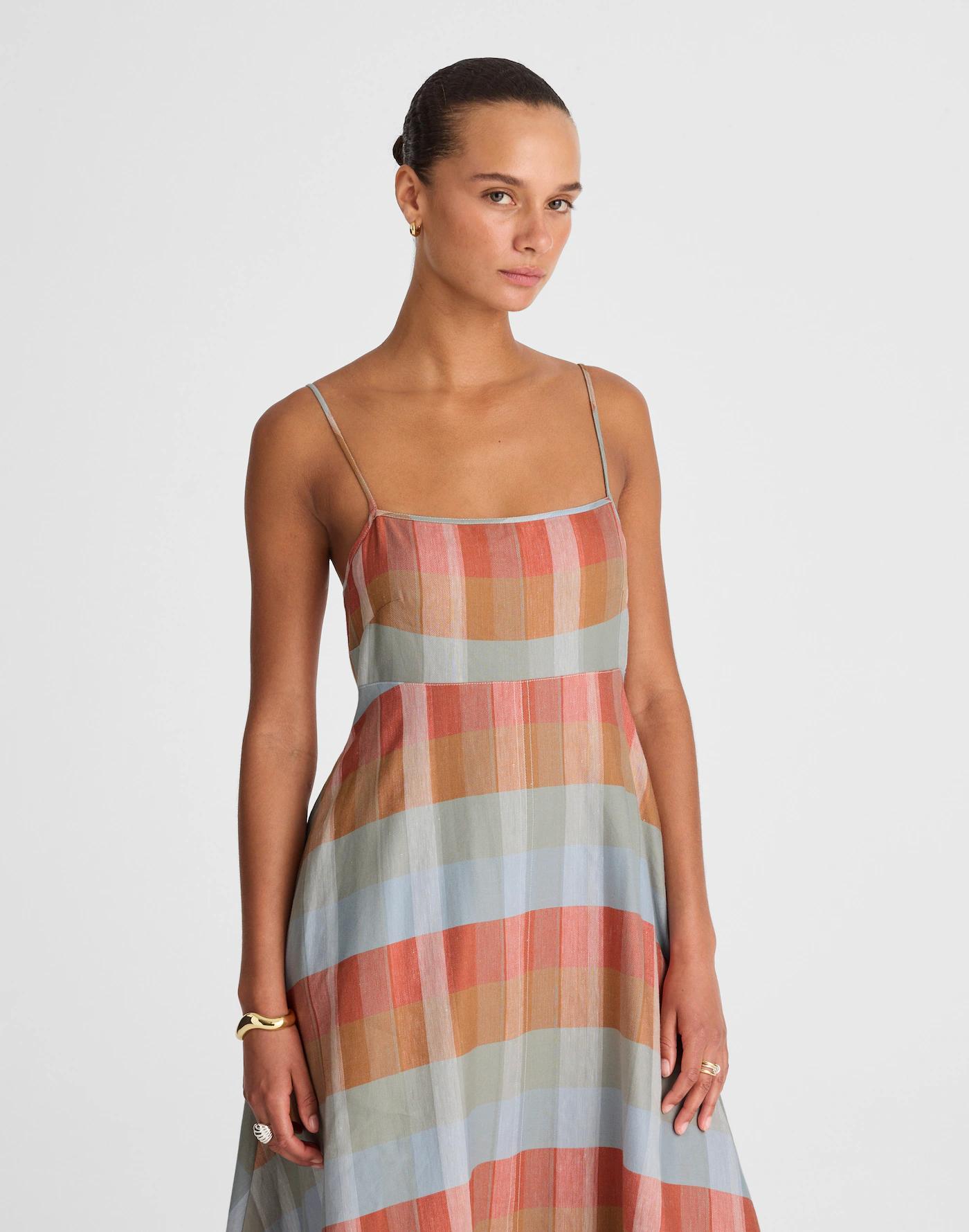 Empire-Waist Midi Dress in Plaid Product Image