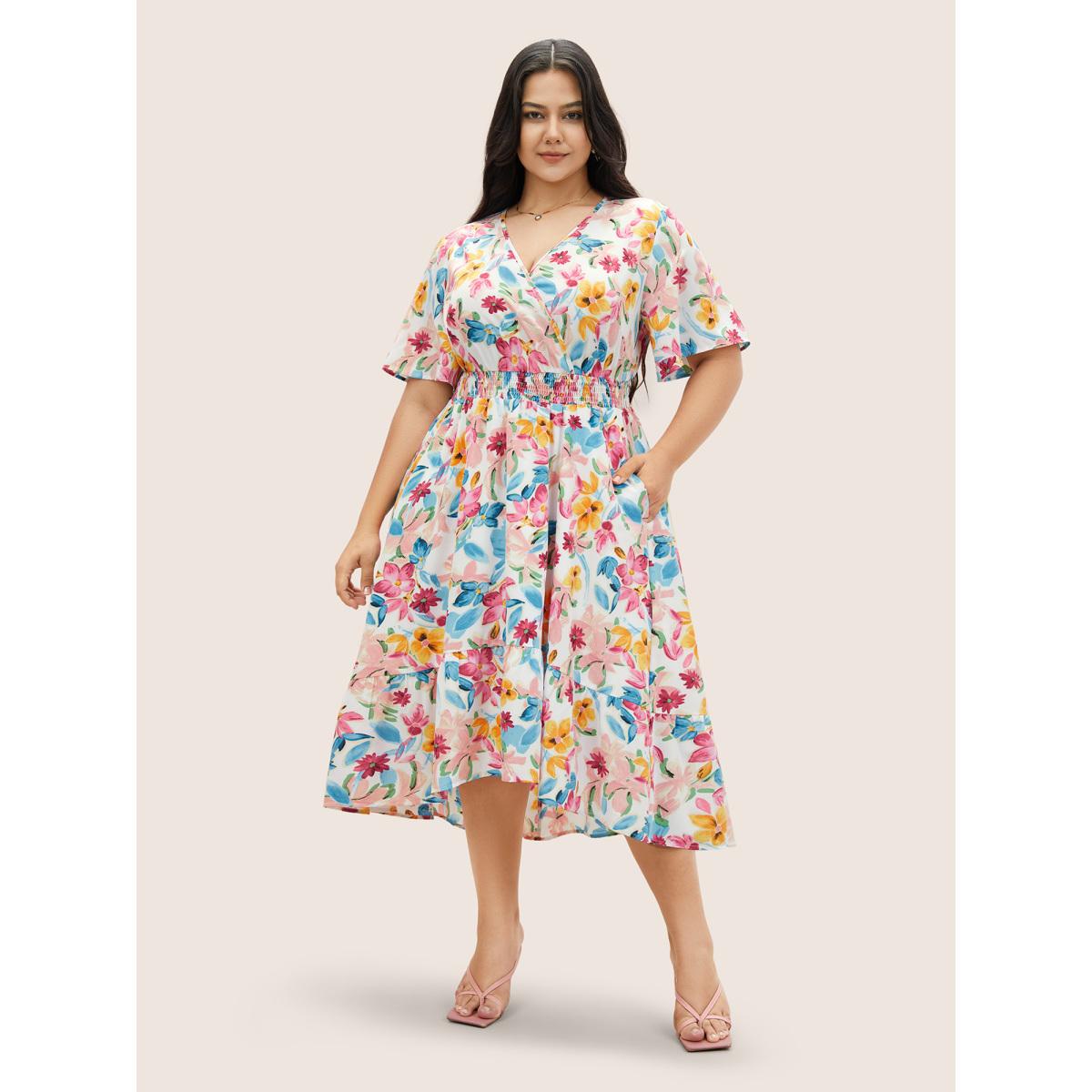 Plus Size Floral Overlap Collar Shirred Ruffle Sleeve Dress White Women Elegant Overlapping Overlap Collar Short sleeve Curvy BloomChic 10/M Product Image