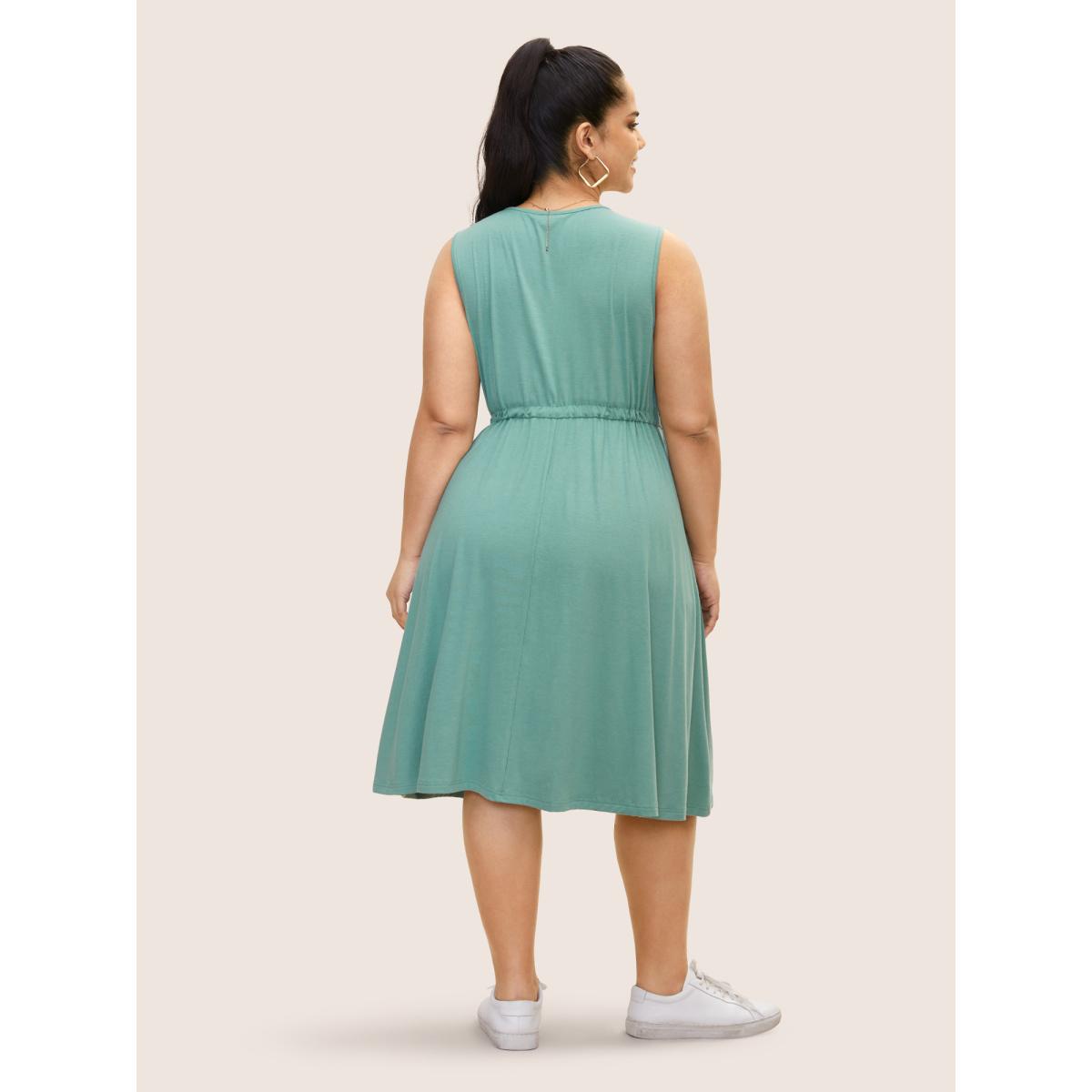 Plus Size V Neck Drawstring Button Detail Pleated Dress Mint Women Casual Pleated V-neck Sleeveless Curvy BloomChic 14-16/1X Product Image