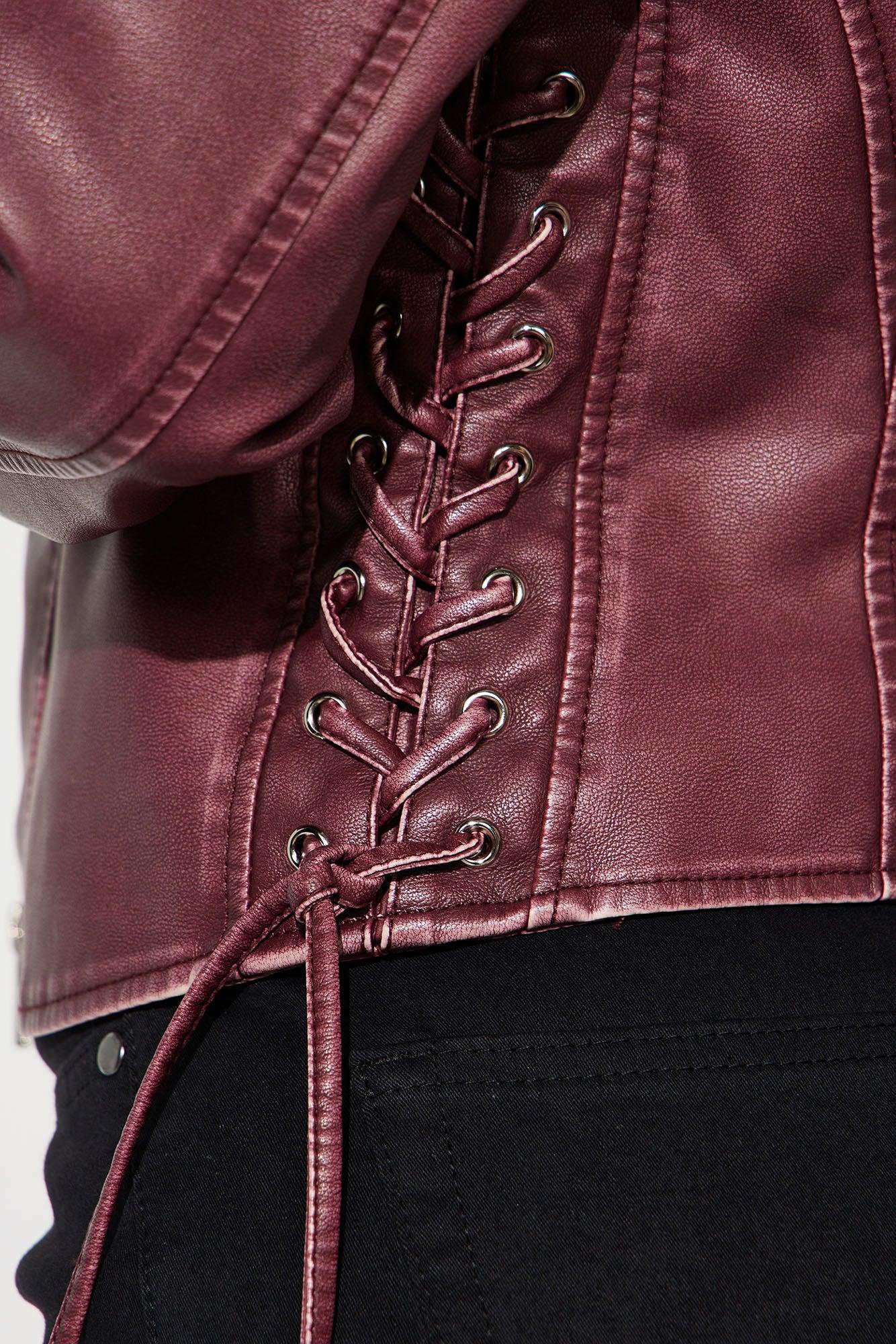 Leona Faux Leather Lace Up Jacket - Burgundy Product Image