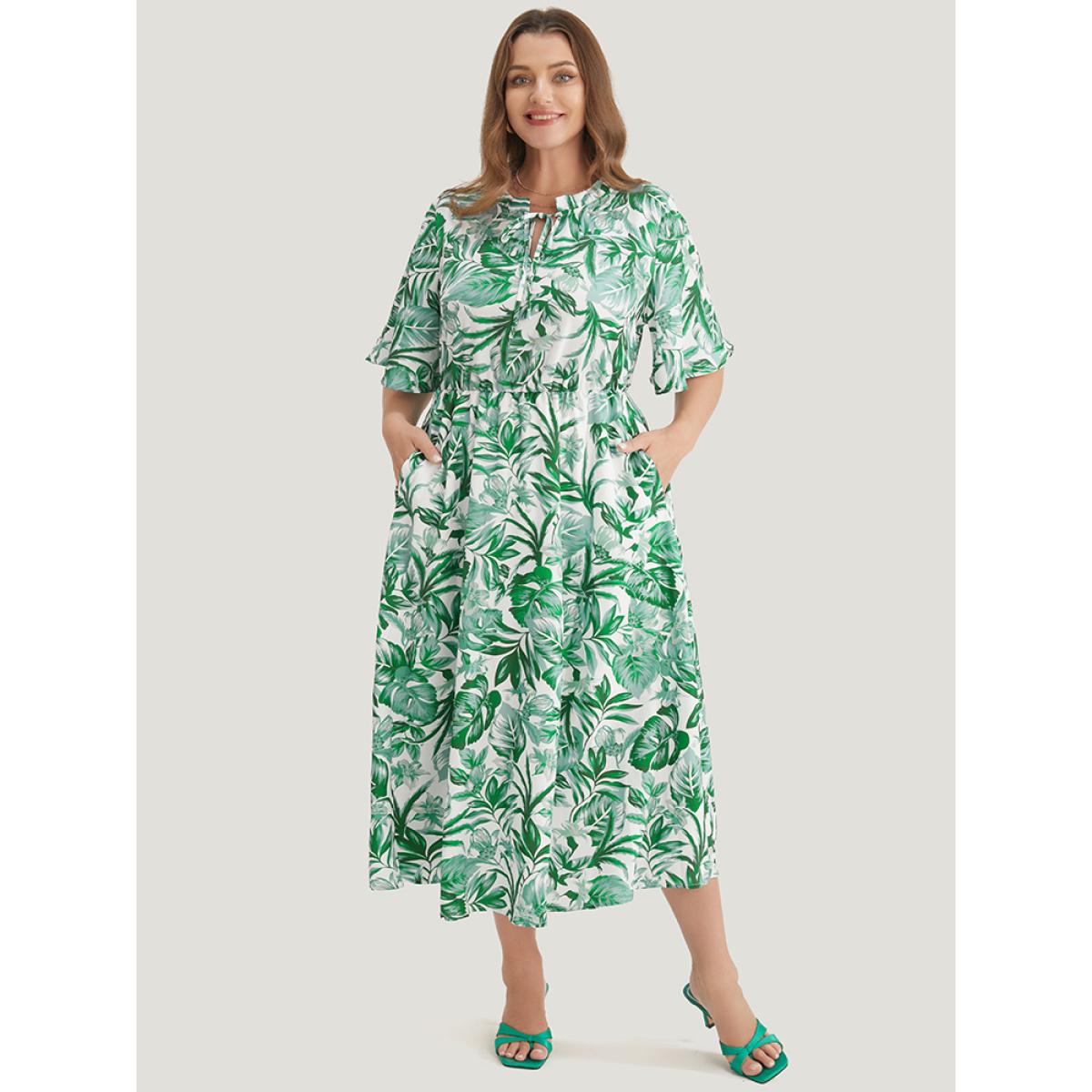Plus Size Plant Print Pocket Keyhole Tie Neck Frill Trim Flutter Dress Green Women Vacation V-neck Half Sleeve Curvy Midi Dress BloomChic 10/M Product Image