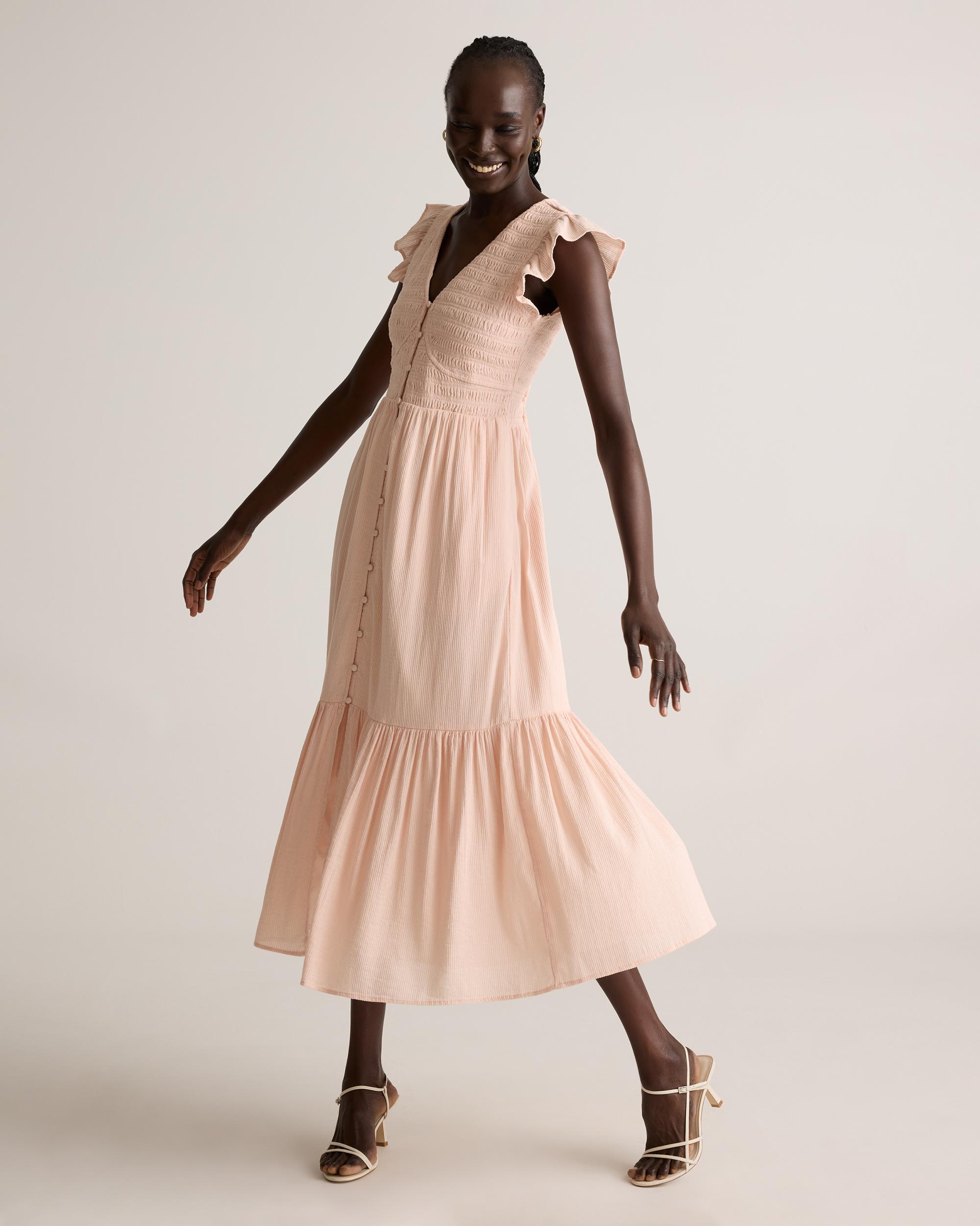 Quince | Women's Organic Textured Cotton Smocked V-Neck Midi Dress Organic Cotton Product Image