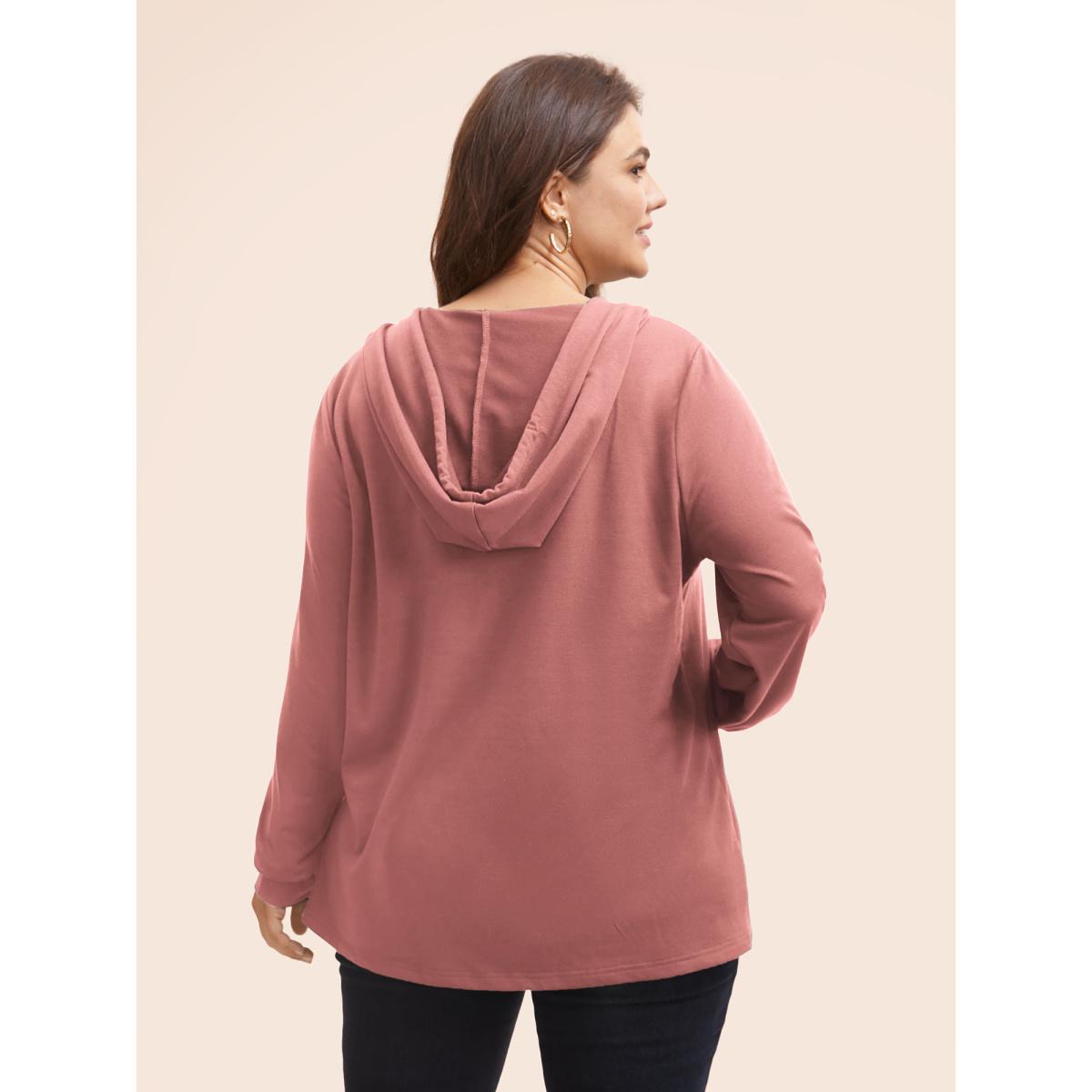 Plus Size Plain Button Up Drawstring Hooded Sweatshirt Women DustyPink Casual Elastic cuffs Hooded Dailywear Sweatshirts BloomChic 26/4X Product Image