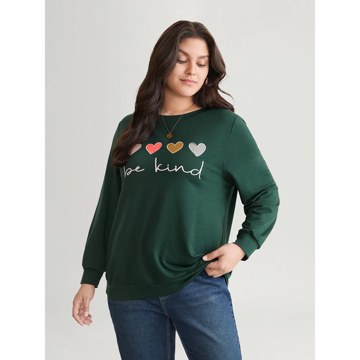 Plus Size Slogans Heart Print Round Neck Sweatshirt Women DarkGreen Casual Printed Dailywear Sweatshirts BloomChic 12/L Product Image