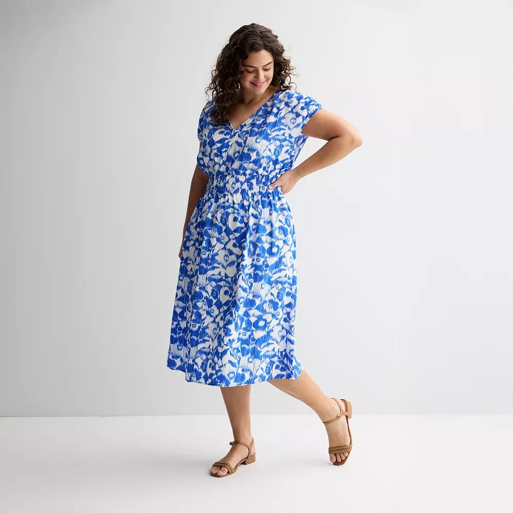 Plus Size Sonoma Goods For Life® Smocked Button-Through Midi Dress, Women's, Size: 0X, Vivid Blue Floral Product Image