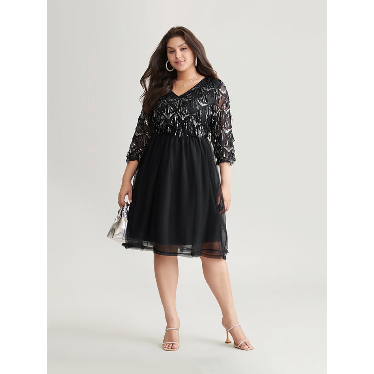 Plus Size Sequin Tassels Plisse Patchwork Mesh Knee Dress Black Women Cocktail Sequin V-neck Elbow-length sleeve Curvy Midi Dress BloomChic 14-16/1X Product Image