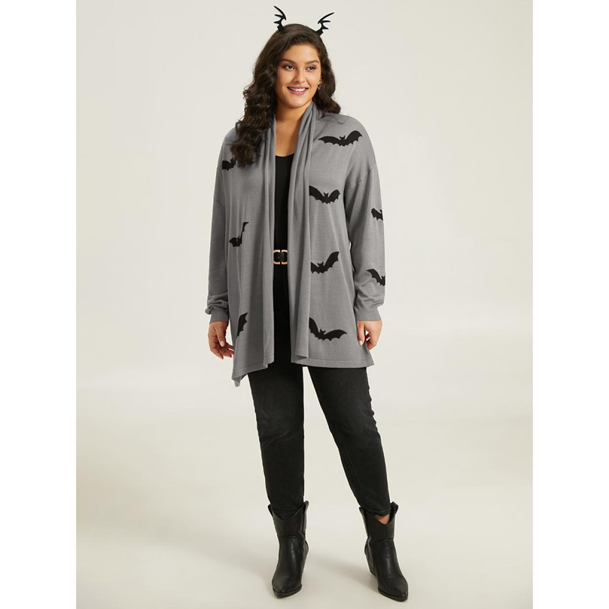Plus Size Supersoft Essentials Halloween Bat Pattern Lapel Collar Cardigan DarkGray Women Playful Loose Long Sleeve Casual Cardigans BloomChic 22-24/3X Product Image