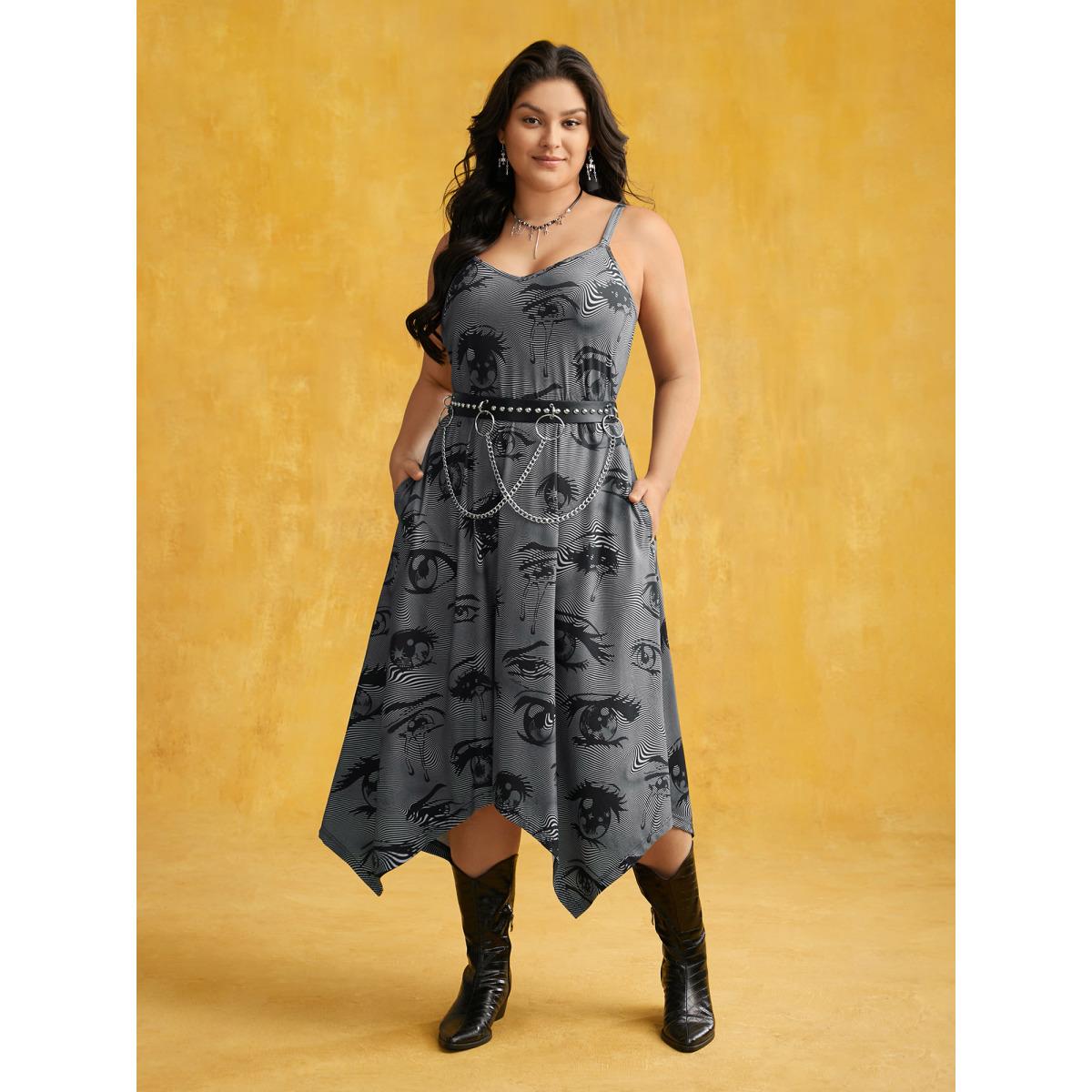 Plus Size Spooky Eye Print Knit Cami Midi Dress Black Women Cocktail Asymmetrical Party Curvy Bloomchic 12/L Product Image
