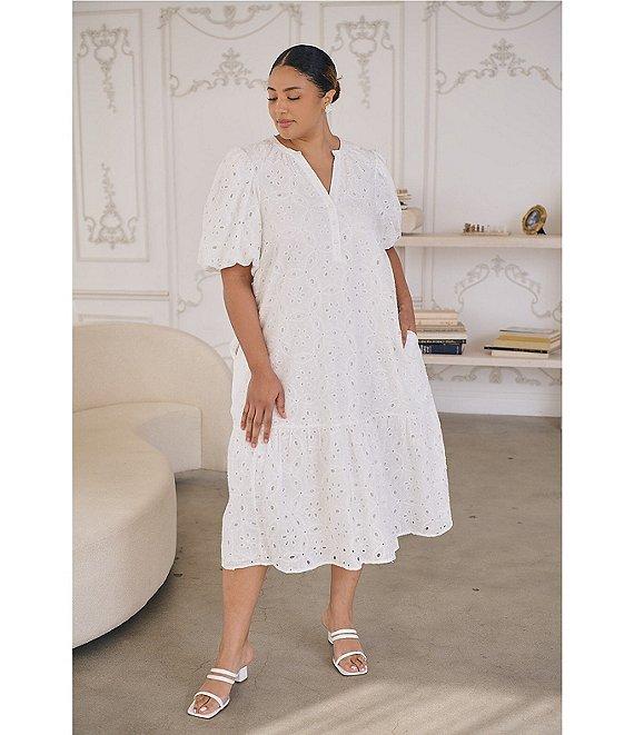 Sugarlips Plus Floral/Geometric Puff-Sleeve Eyelet Embroidered Midi Shift Dress Product Image