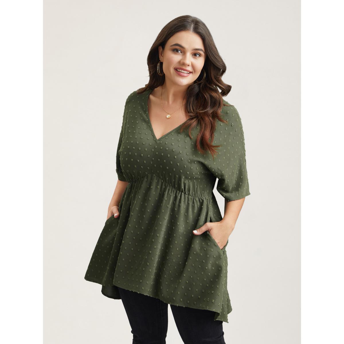 Plus Size ArmyGreen Textured Hi-Low Hem Pockets Shirt Women Casual Half Sleeve V-neck Everyday Blouses BloomChic 30/6X Product Image