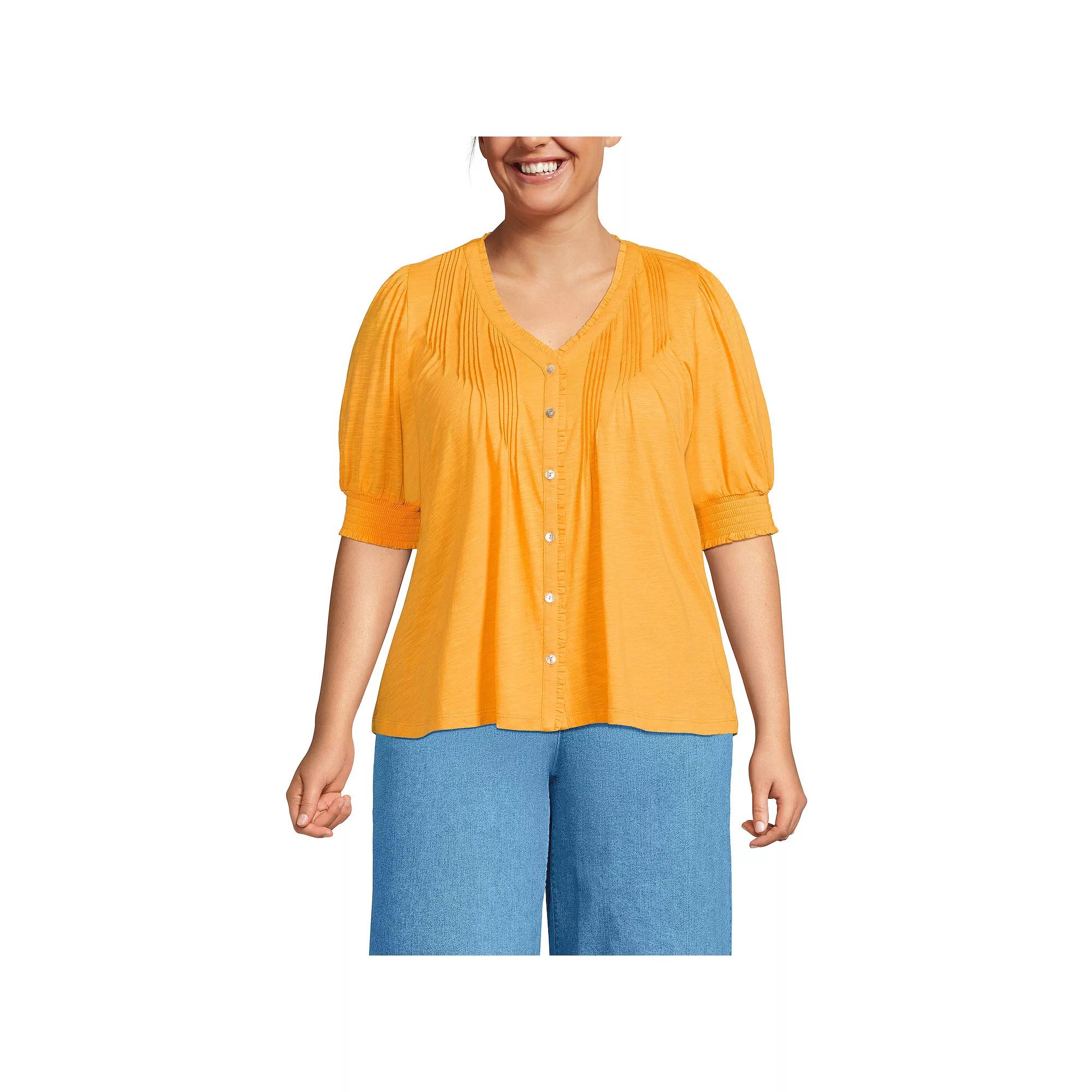 Plus Size Lands' End Button Pintuck Puff Sleeve Top, Women's, Size: 2XL, Sweet Orange Product Image