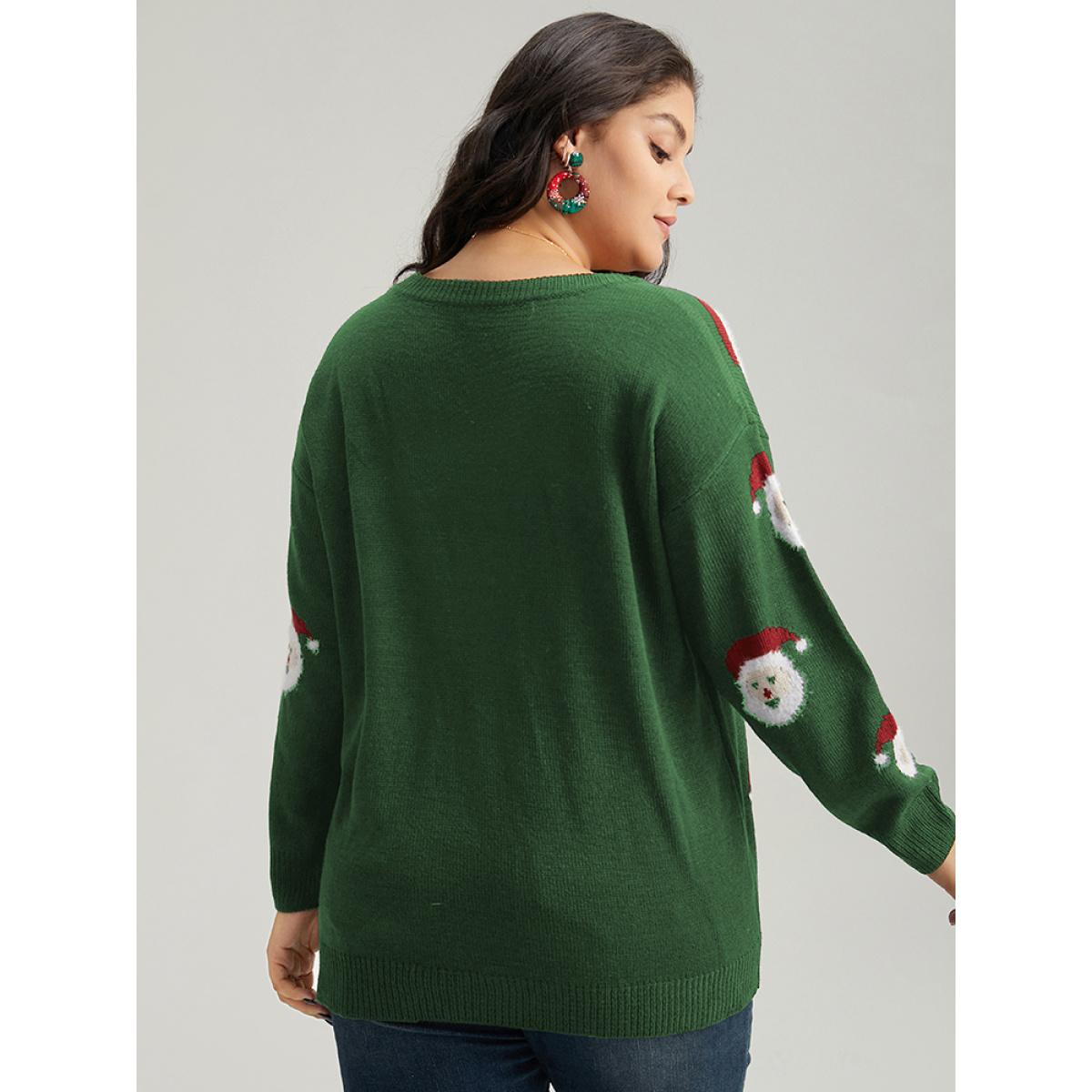 Plus Size Jolly Fellow Motifs Round Neck Pullover DarkGreen Women Casual Long Sleeve Round Neck Festival-Christmas Pullovers BloomChic 26/4X Product Image