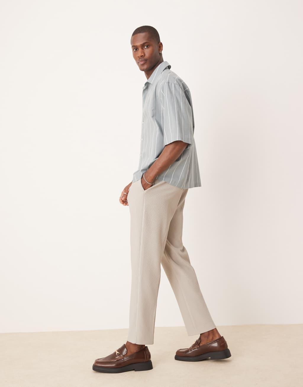 ASOS DESIGN oversized boxy half sleeve shirt in green stripe Product Image