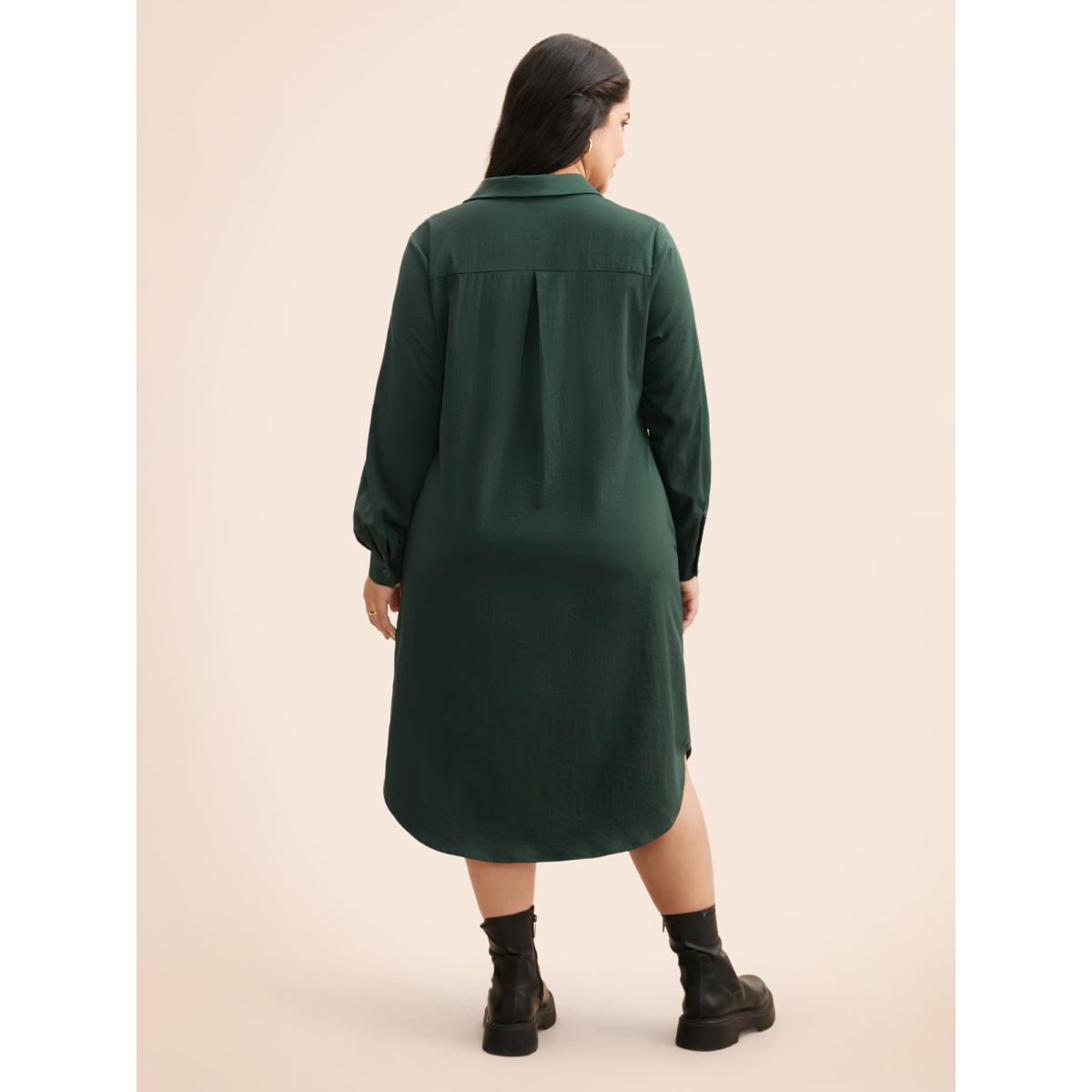 Plus Size Solid Cut Out Ruffle Trim Arc Hem Dress DarkGreen Women Casual Cut-Out Shirt collar Long Sleeve Curvy BloomChic 12/L Product Image