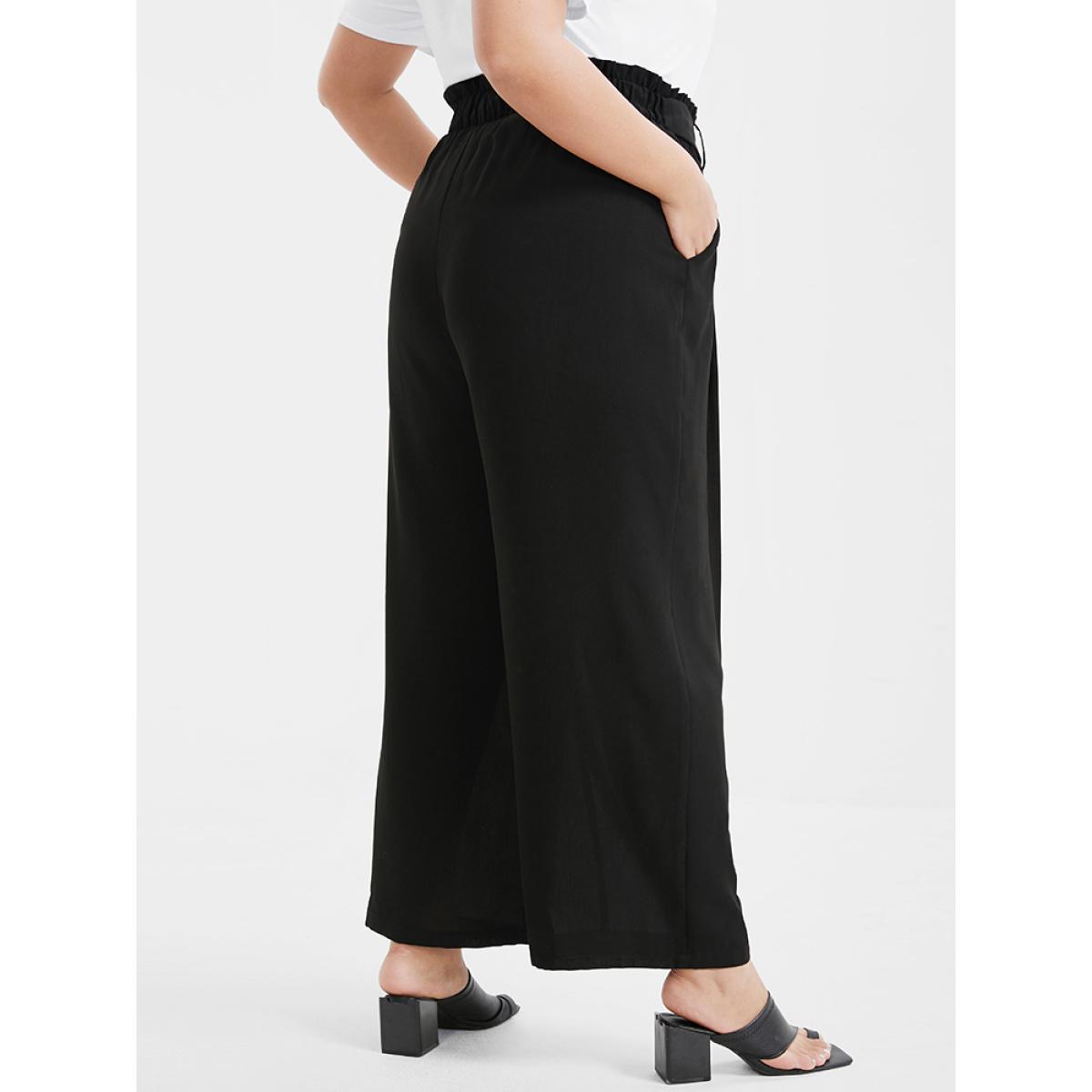 Plus Size Solid Pocket Belted Elastic Waist Pants Women Black Casual High Rise Dailywear Pants BloomChic 14-16/1X Product Image