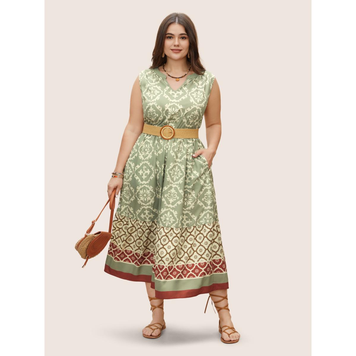 Plus Size Bandana Print Sleeveless Elastic Waist Dress Moss Women Resort Flat collar with V-notch Sleeveless Curvy BloomChic 14-16/1X Product Image