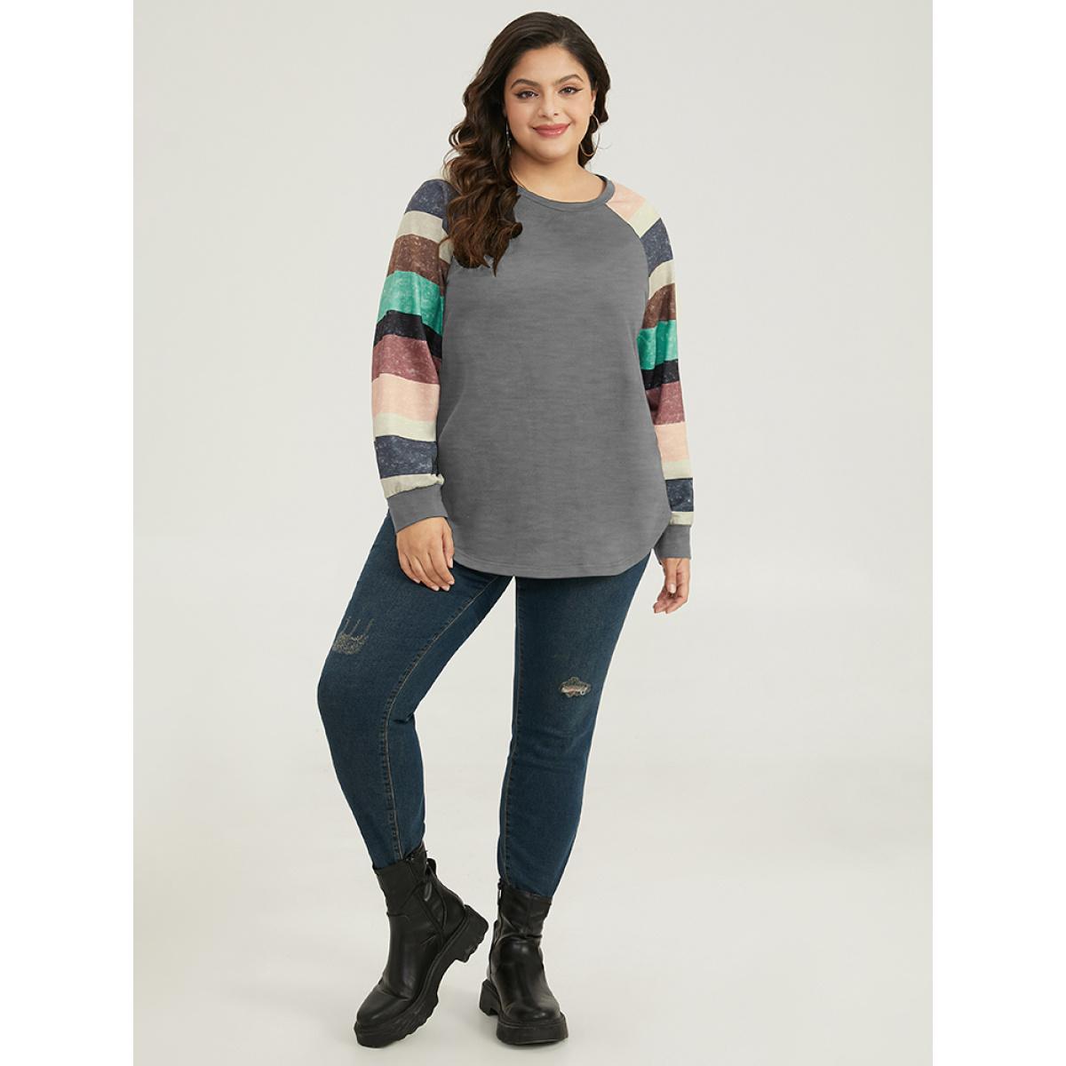 Plus Size Striped Patchwork Contrast Raglan Sleeve Sweatshirt Women Gray Casual Contrast Round Neck Dailywear Sweatshirts BloomChic 18-20/2X Product Image