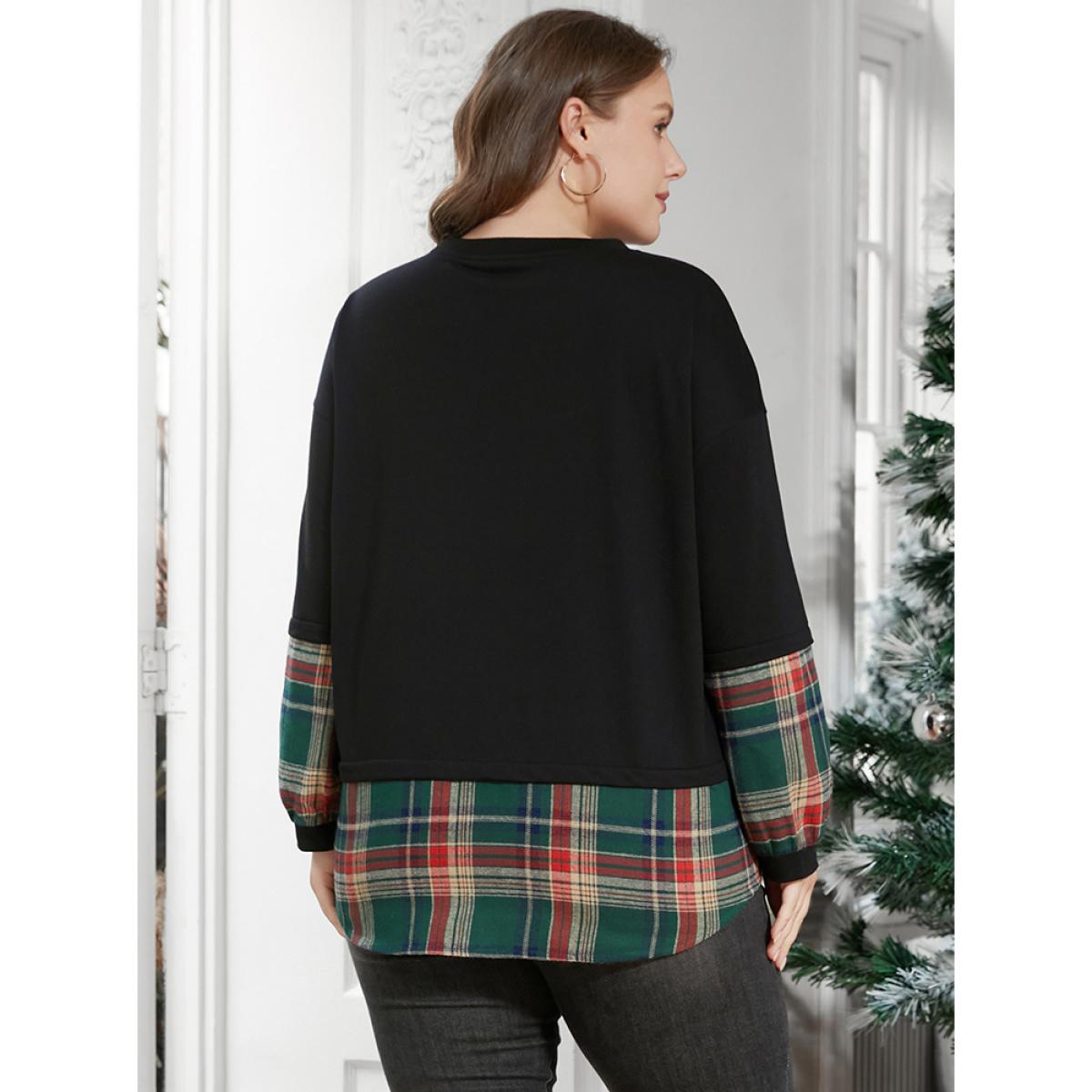 Plus Size Plaid Patchwork Arc Hem Drop Shoulder Sweatshirt Women DarkGreen Elegant Contrast Round Neck Dailywear Sweatshirts BloomChic 14-16/1X Product Image