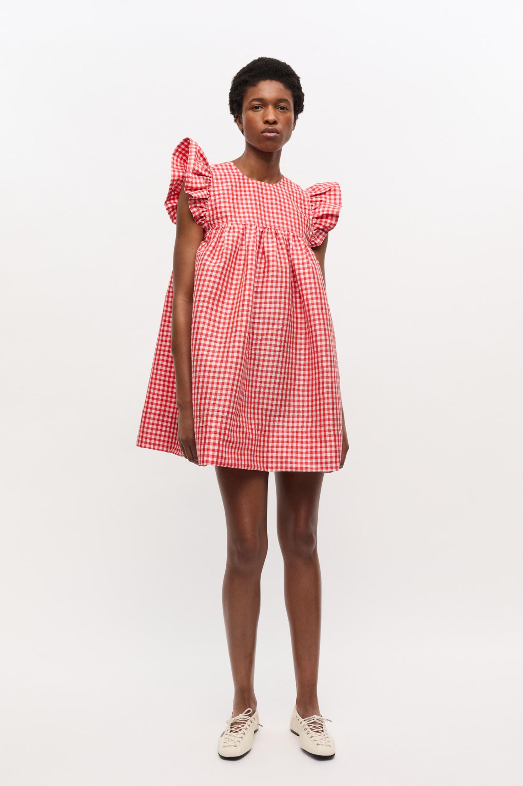 Red Crinkled Check Taffeta Dress Product Image