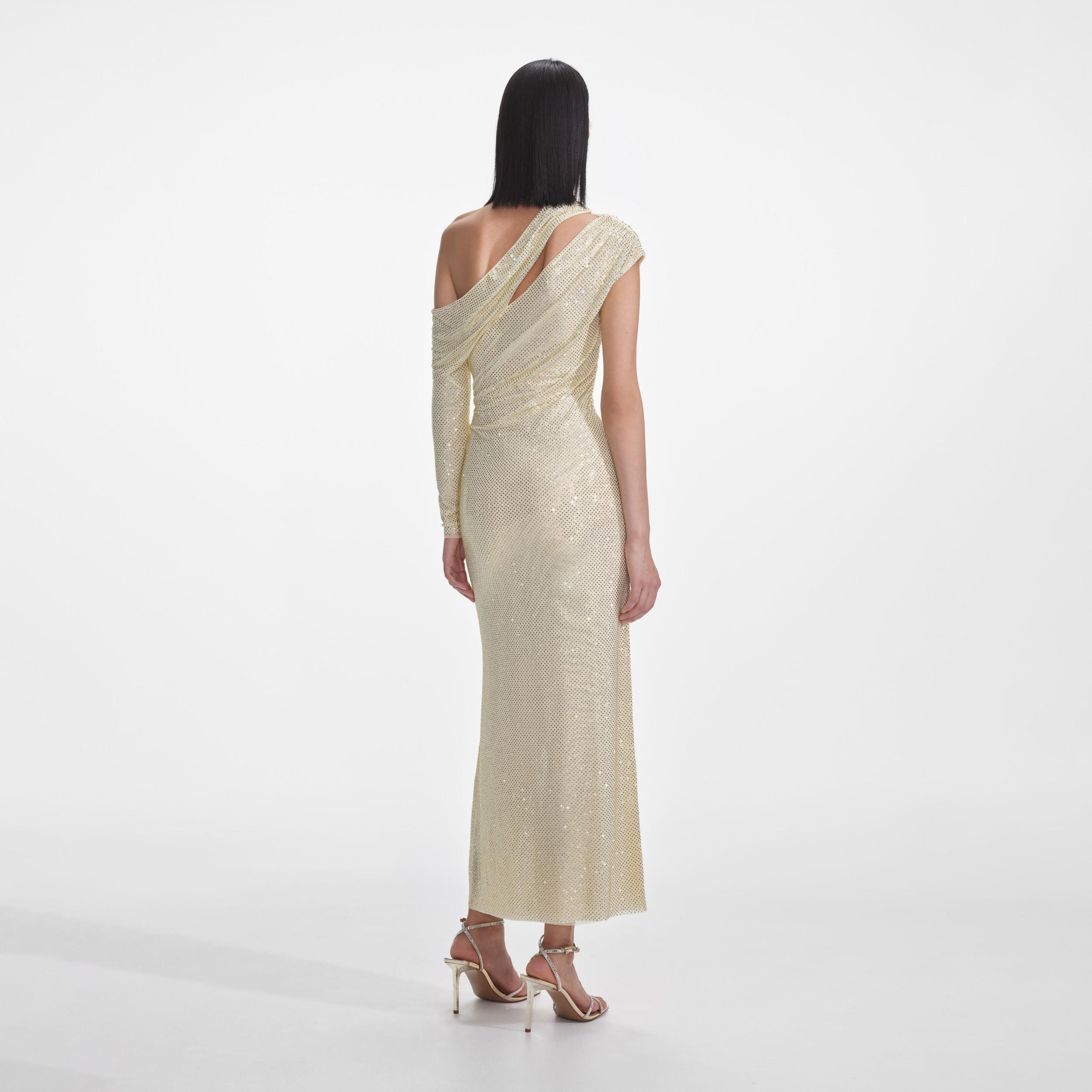 Yellow Rhinestone Gathered Midi Dress Product Image