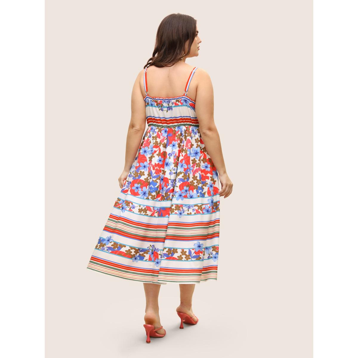 Plus Size Floral Print Shirred Cami Midi Dress Originalwhite Women Resort Square Neck Sleeveless Curvy BloomChic 28/5X Product Image