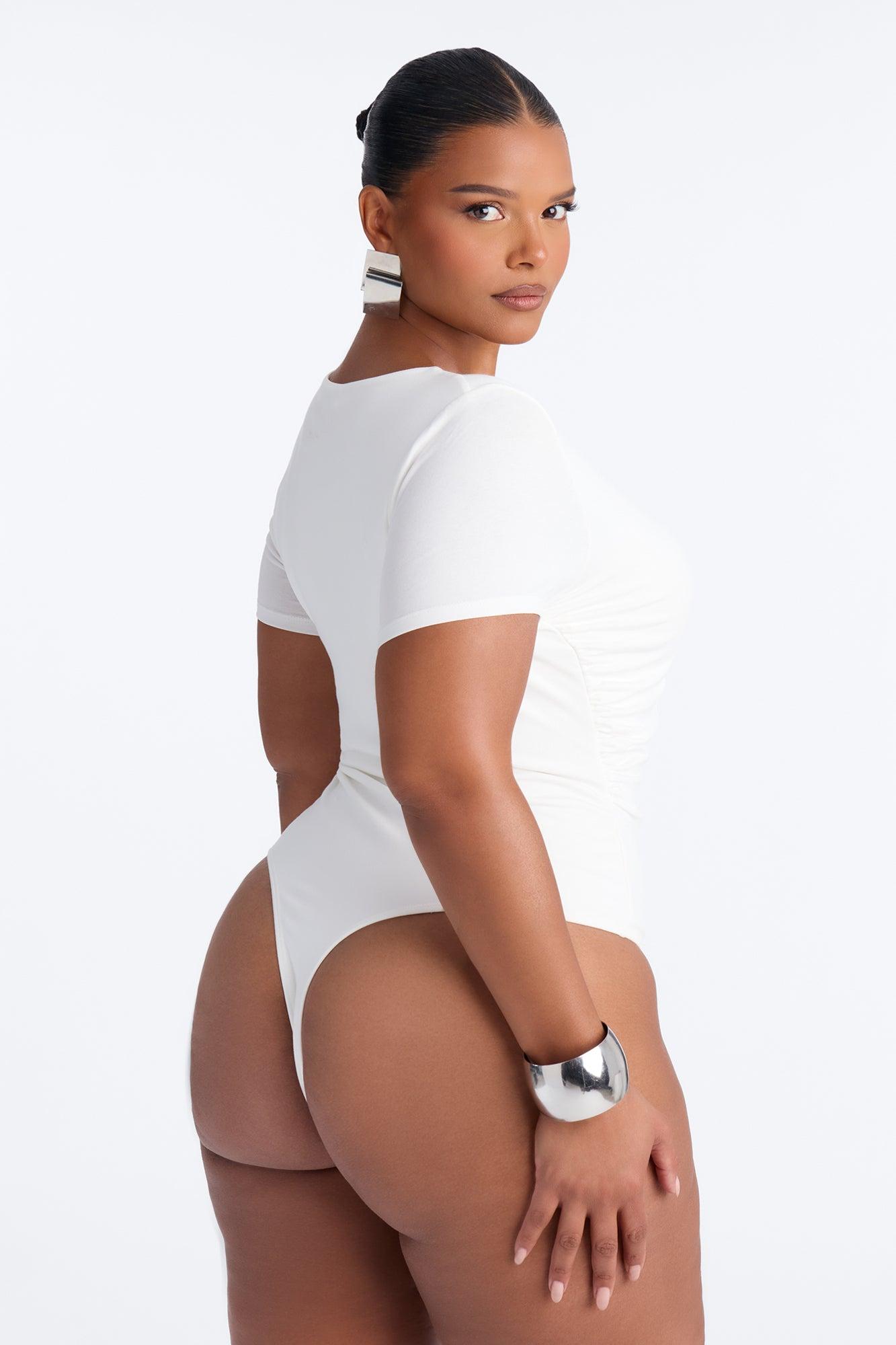 Danielle Deep V Neck Short Sleeve Bodysuit - White Female Product Image