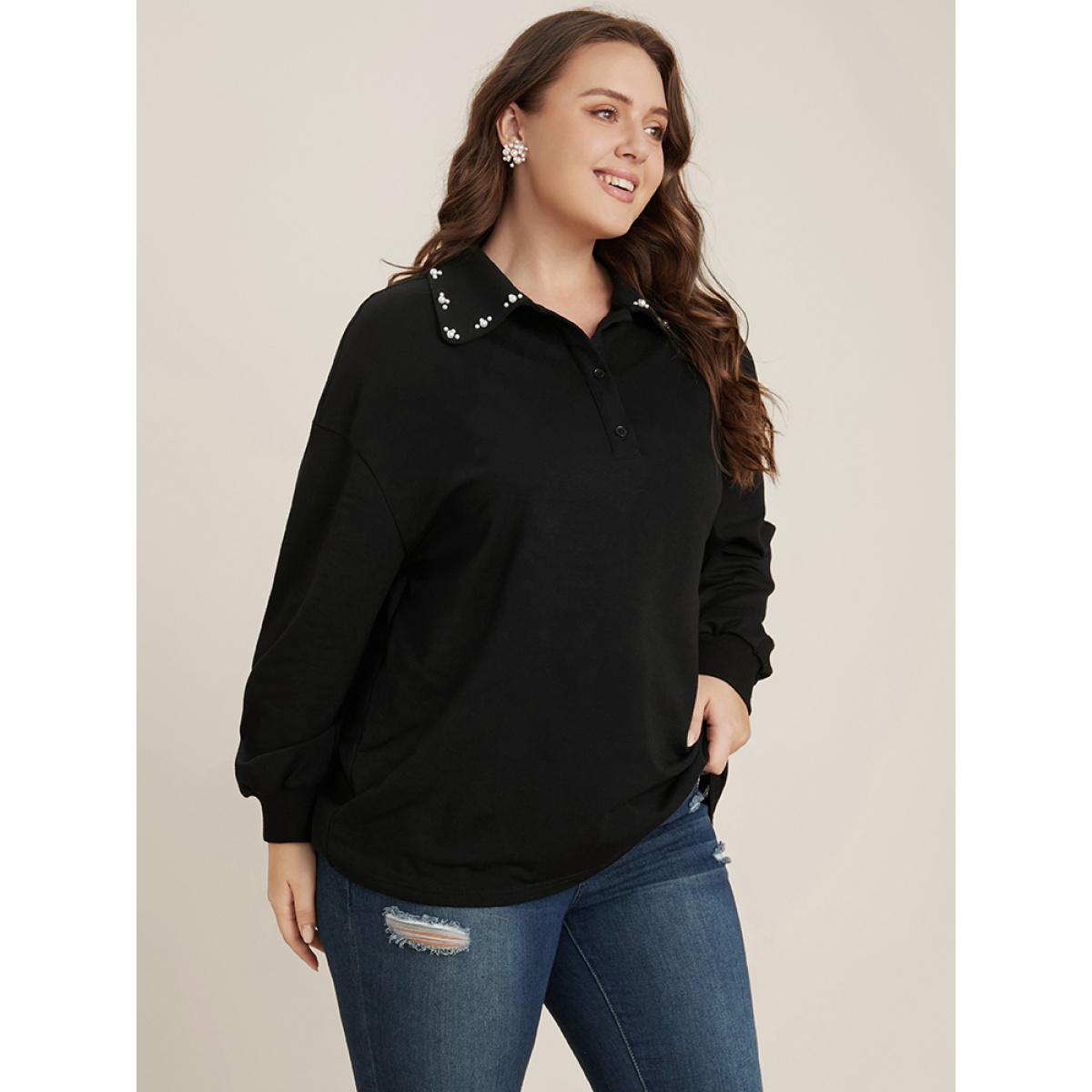 Plus Size Solid Button Up Pearl Beaded Polo Neck Sweatshirt Women Black Elegant Beaded Polo Dailywear Sweatshirts BloomChic 10/M Product Image