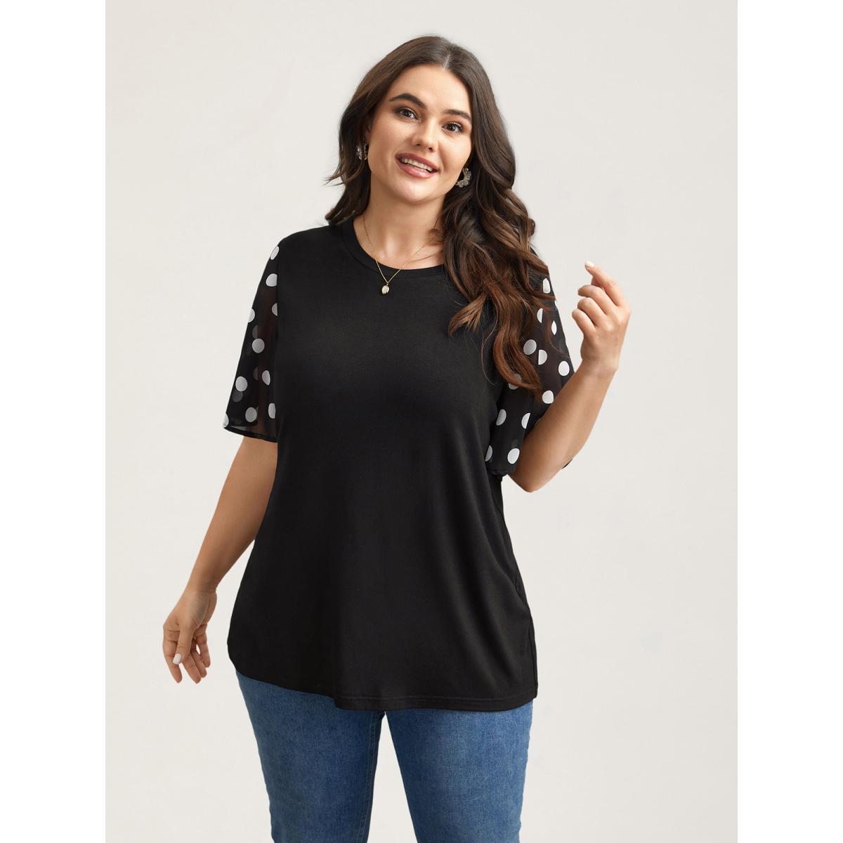 Plus Size Stretchy Sheer Dot Sleeve Textured T-Shirt Black Women Timeless See through Round Neck Elegant T-shirts BloomChic 12/L Product Image