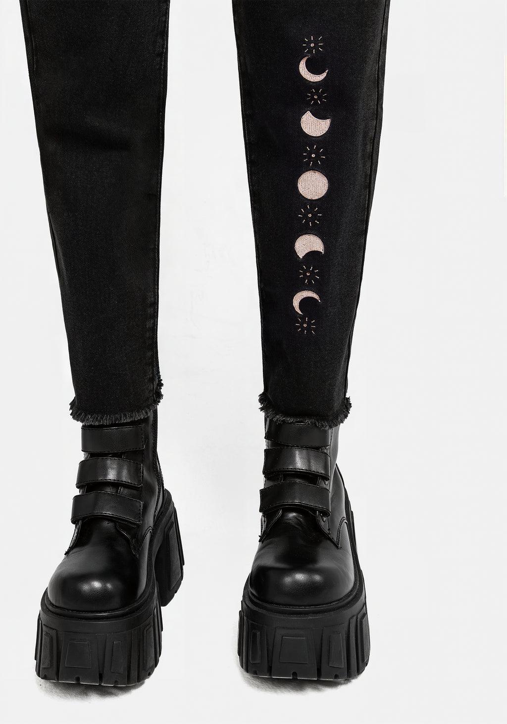 Griffinfly Embroidered Distressed Denim Mom Jeans Product Image