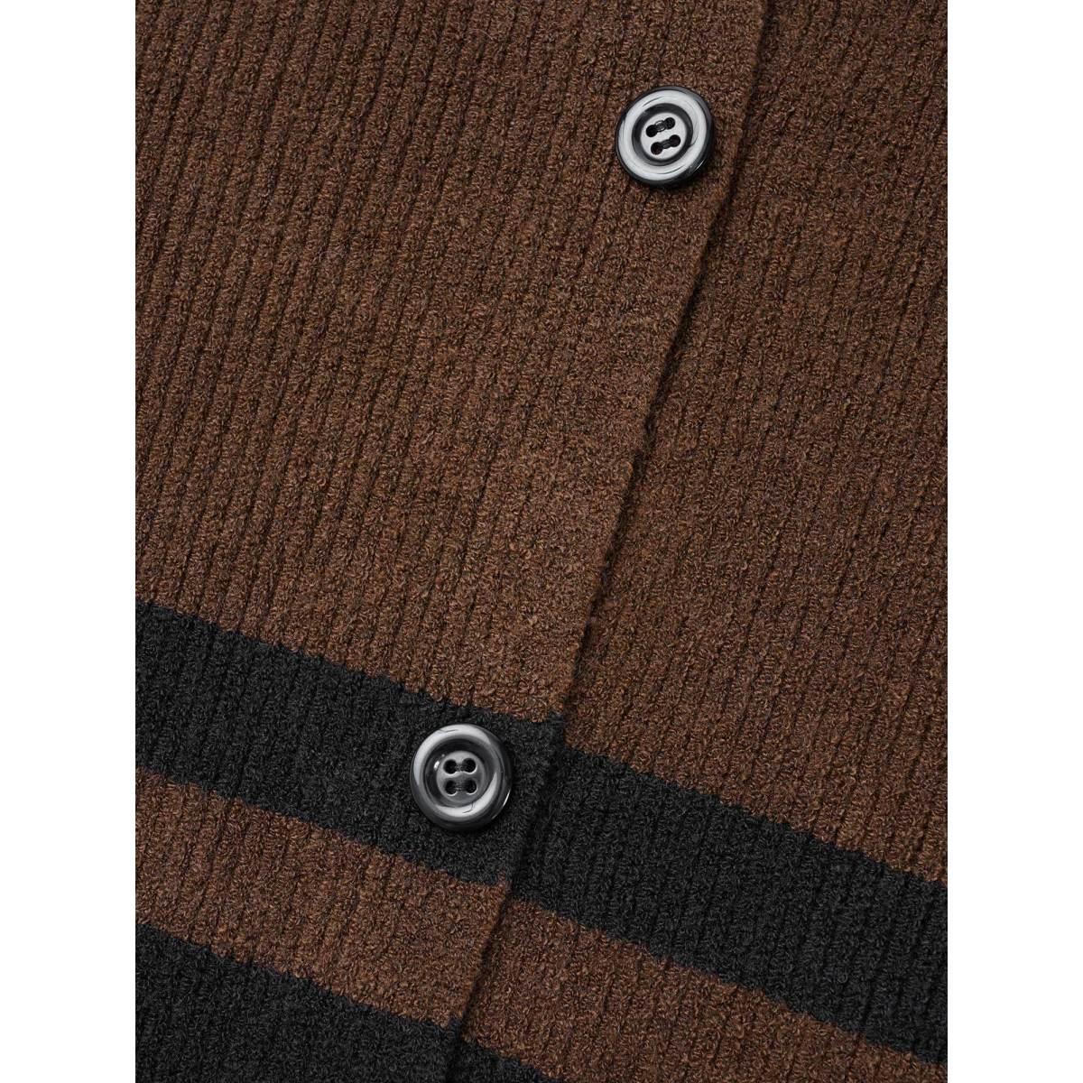 Plus Size Collared Button Front Striped Hem Knit Cardigan DarkBrown Women Casual Loose Long Sleeve Everyday Cardigans BloomChic 26/4X Product Image