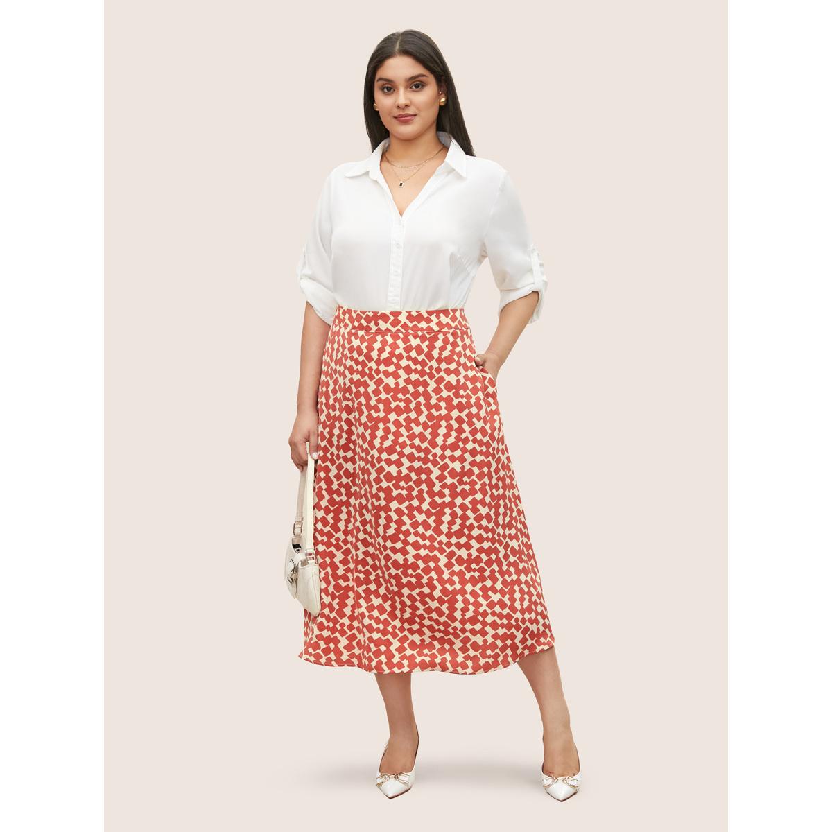 Plus Size Geometric Print Elastic Waist Pocket Midi Skirt Women Raspberry At the Office Non No stretch Slanted pocket Work Skirts BloomChic 12/L Product Image