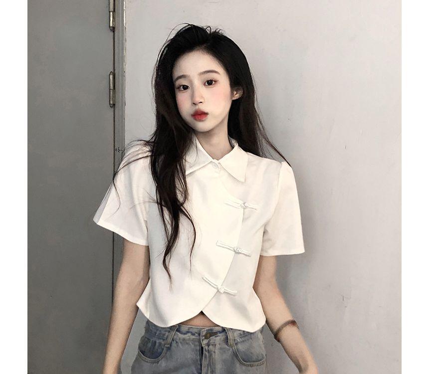 Short-Sleeve Collared Plain Blouse Product Image