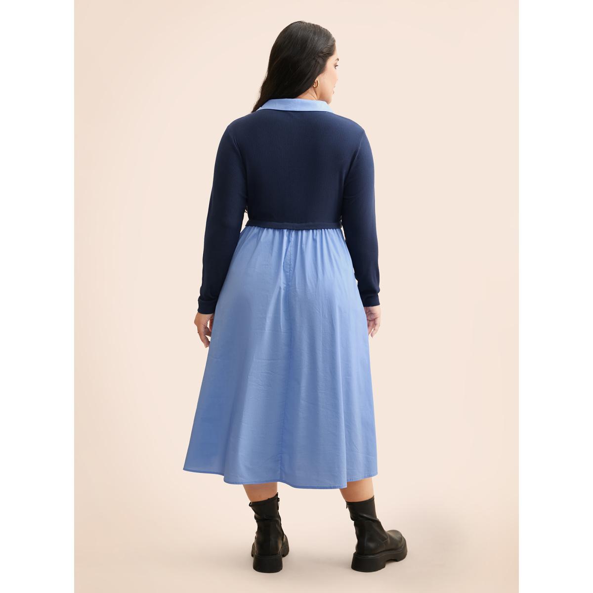 Plus Size 2-In-1 Contrast Patchwork Pleated Dress Indigo Women Elegant Texture Suit Collar Long Sleeve Curvy BloomChic 18-20/2X Product Image