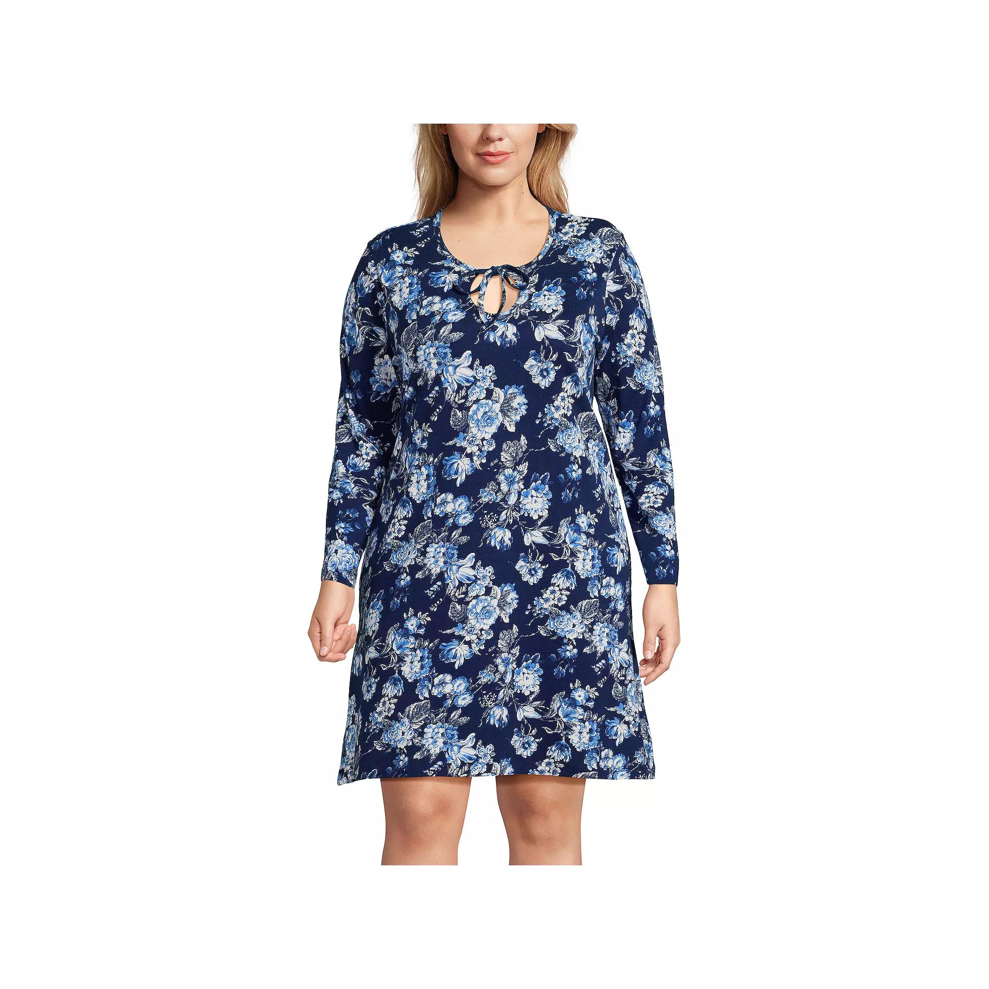 Plus Size Lands' End Cotton Long Sleeve Nightgown, Women's, Size: 3XL, Blue Linework Floral Product Image