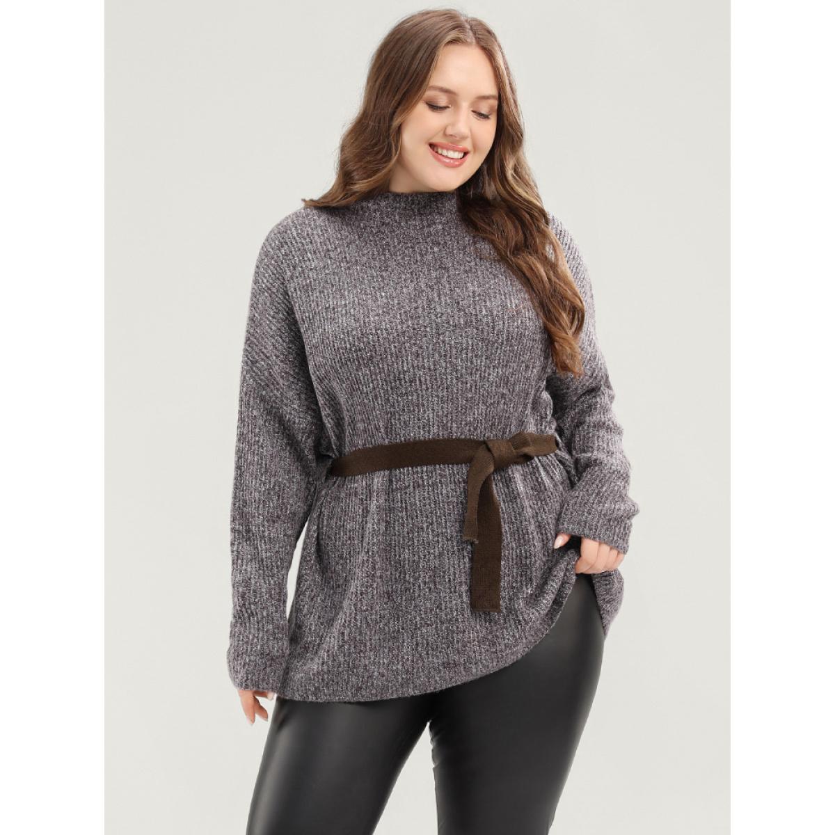 Plus Size Solid Pointelle Knit Mock Neck Belted Heather Knit Top Brown Women Casual Long Sleeve Mock Neck Dailywear Pullovers BloomChic 28/5X Product Image