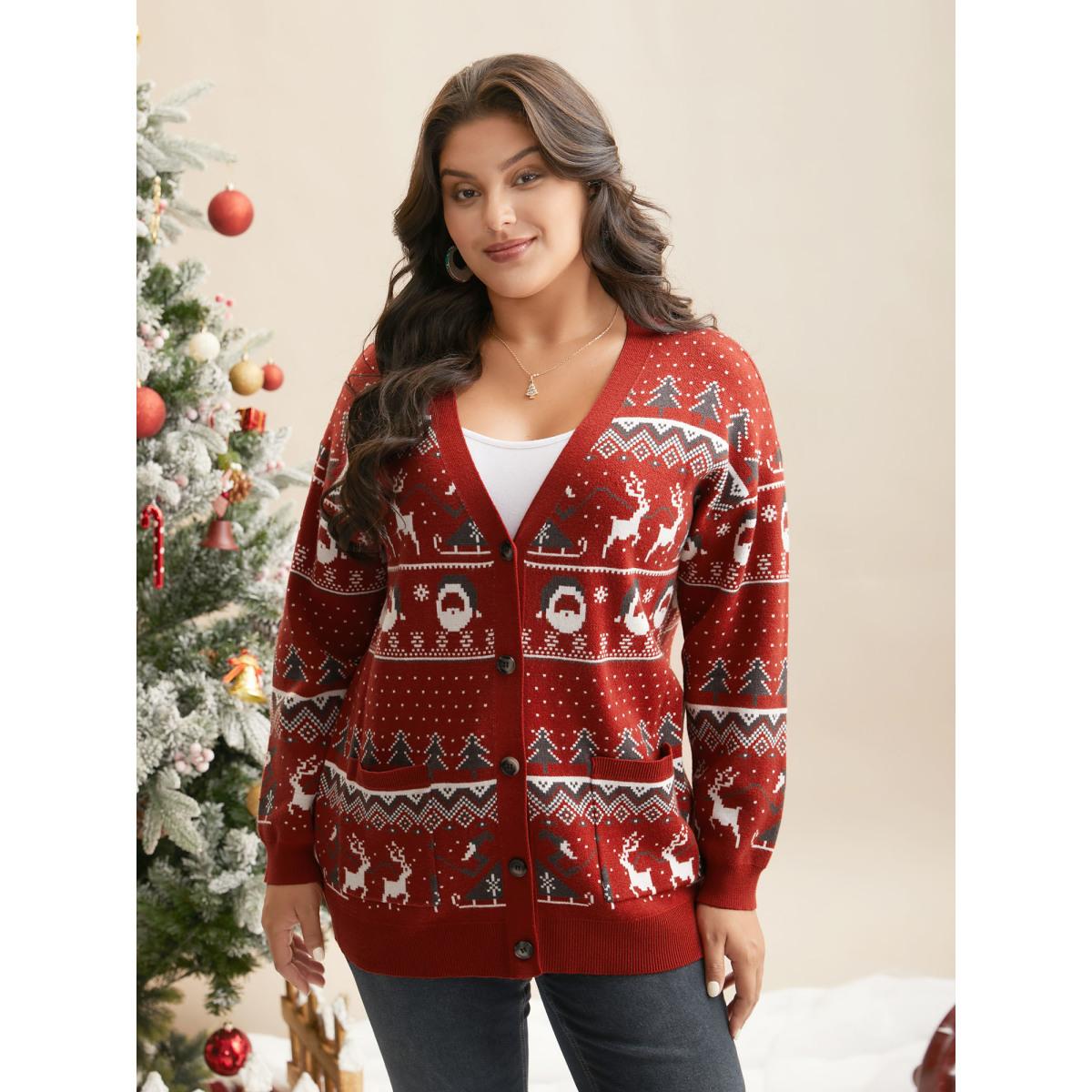 Plus Size Supersoft Essentials Home-for-Holidays Button-Front Cardigan Brightred Women Elegant Loose Long Sleeve Everyday Cardigans BloomChic 26/4X Product Image